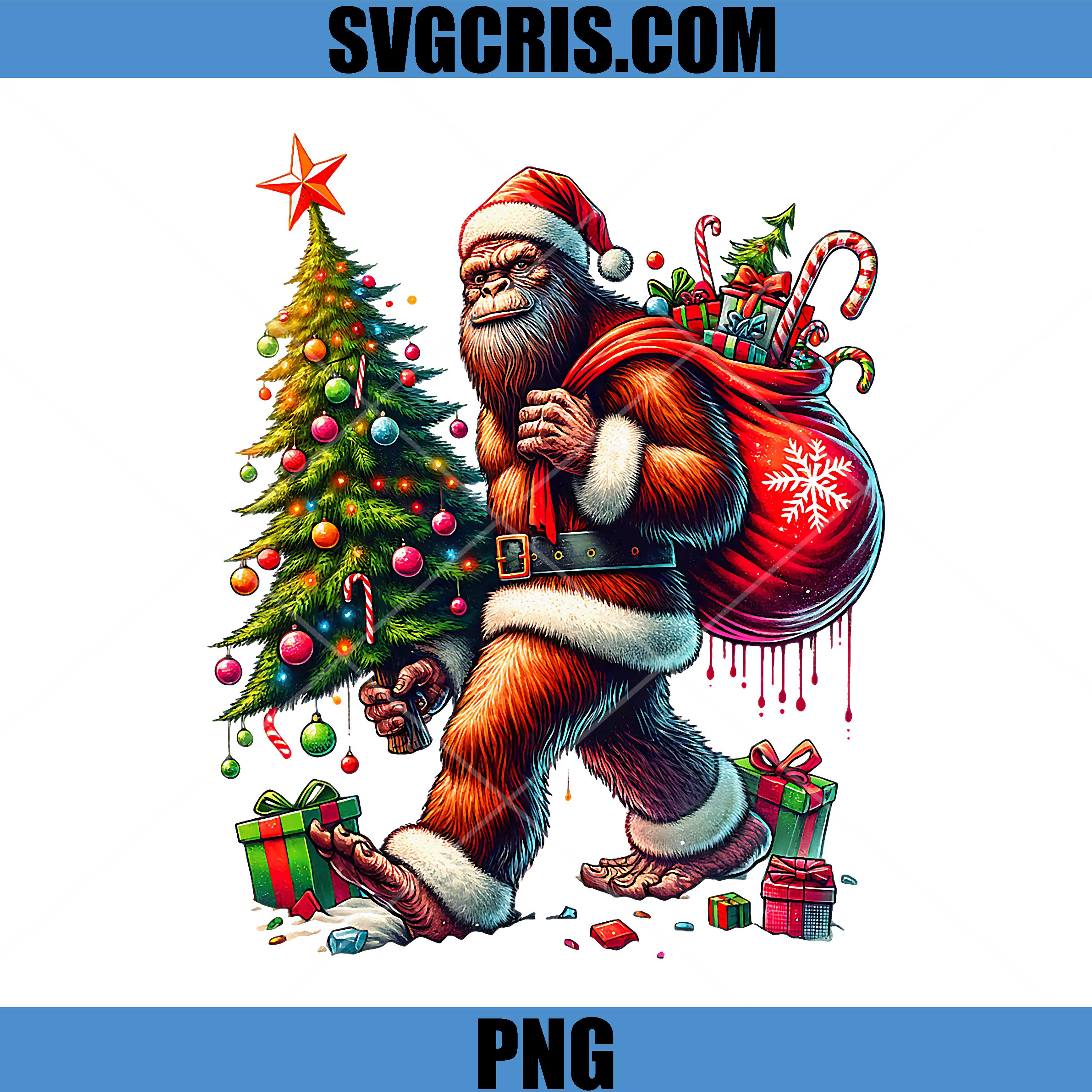 Santa Bigfoot Christmas PNG, Tree Xmas Lights Funny Sasquatch PNG