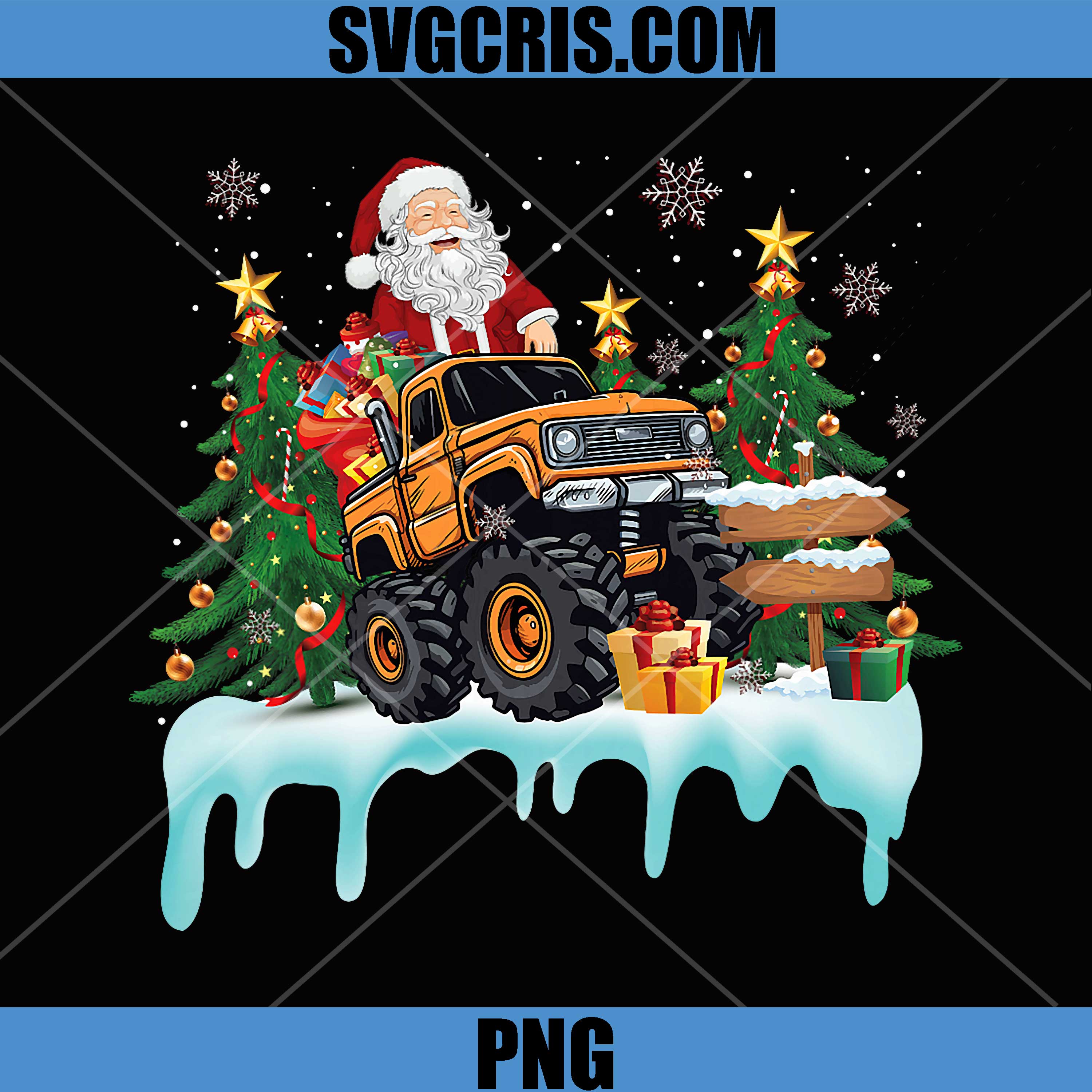 Santa Riding Monster Truck PNG, Christmas Tree PNG