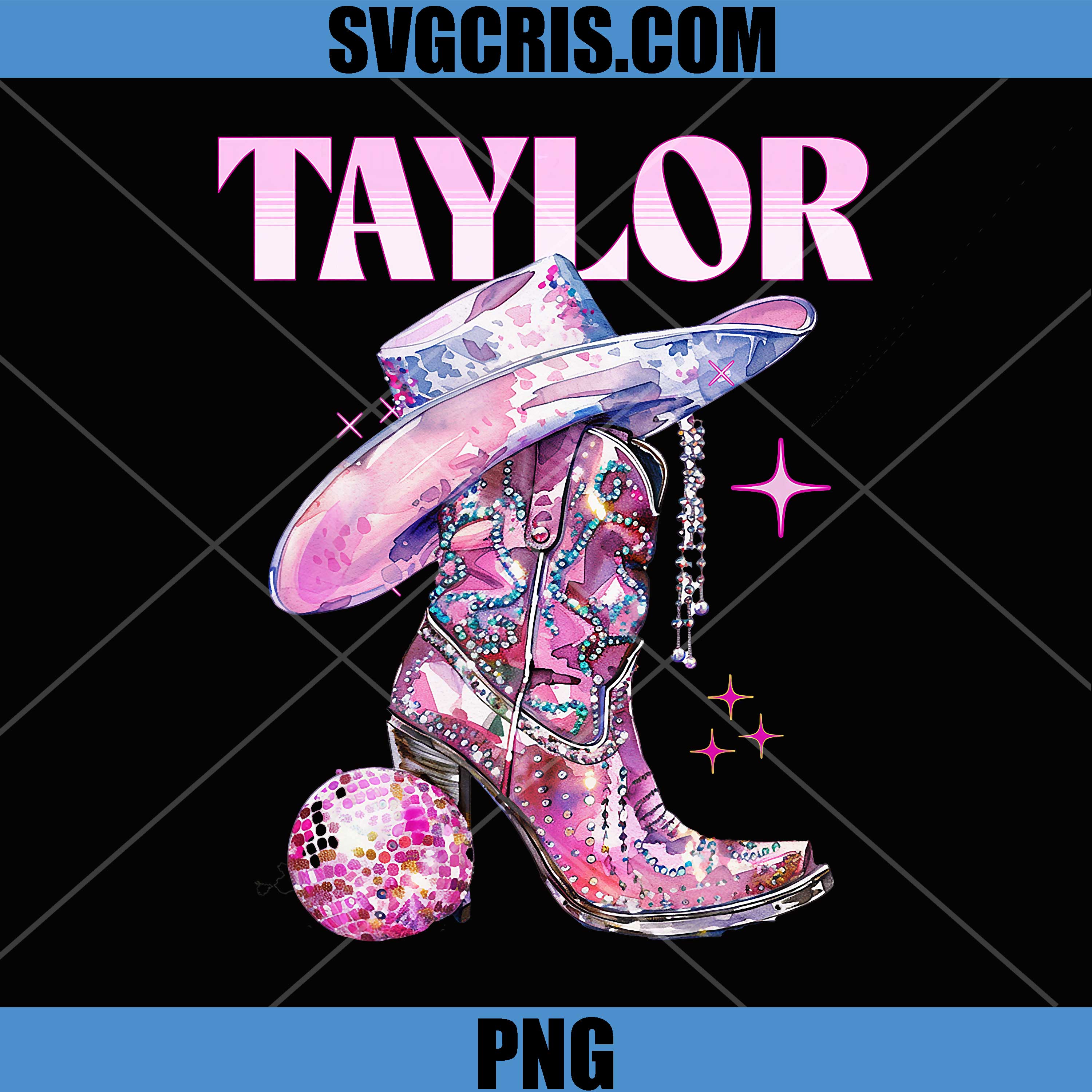 Taylor Pink Cowboy Boot Western Aesthetic PNG, Taylor Sparkle Disco Cowgirl PNG