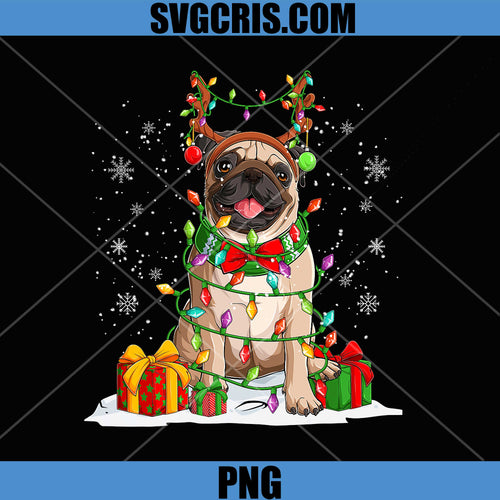 Christmas Pug With Antlers Lights PNG, Cute Pug Gift PNG