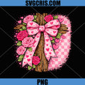 Valentine Rustic PNG, Cross with Roses and Pink Heart Ribbon PNG