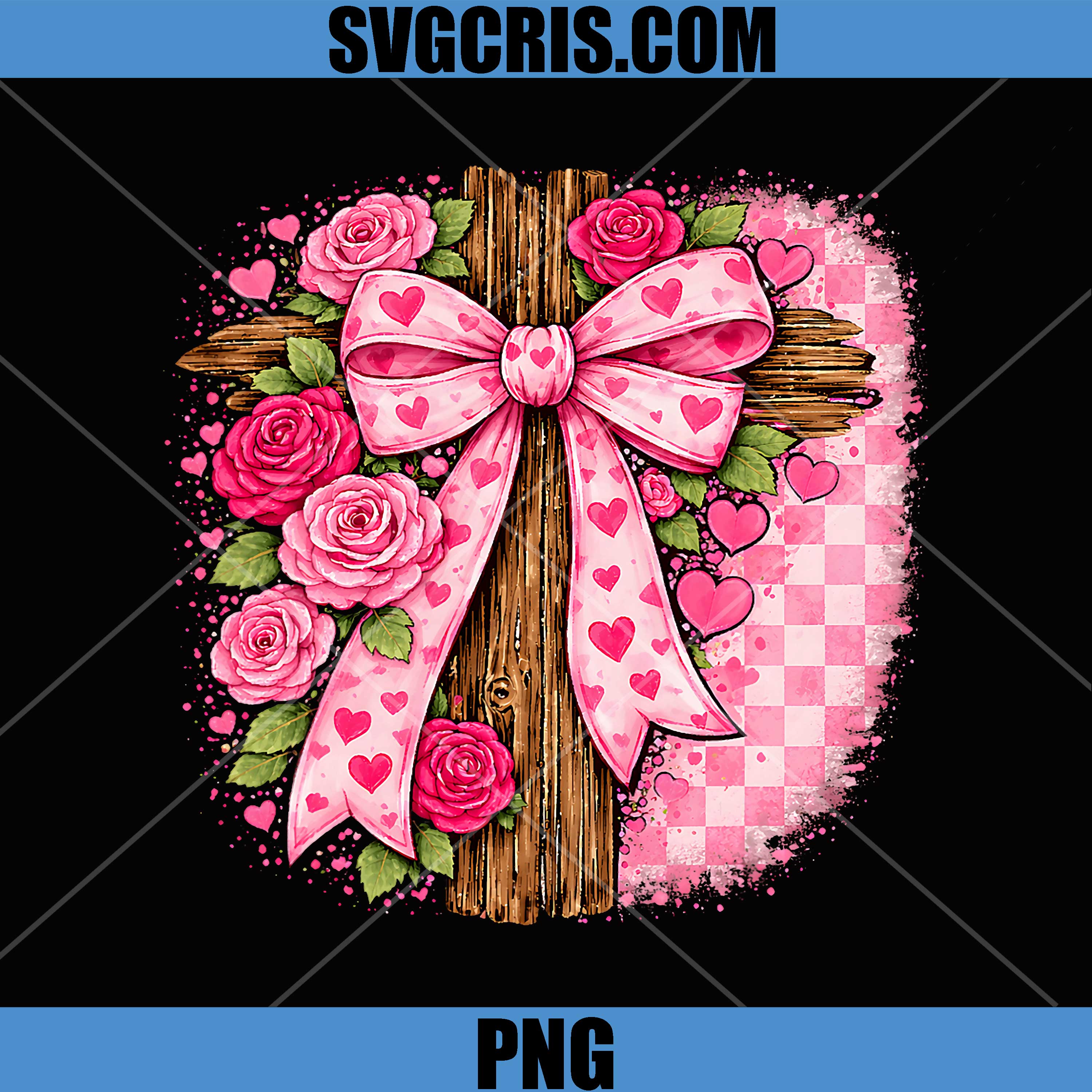 Valentine Rustic PNG, Cross with Roses and Pink Heart Ribbon PNG