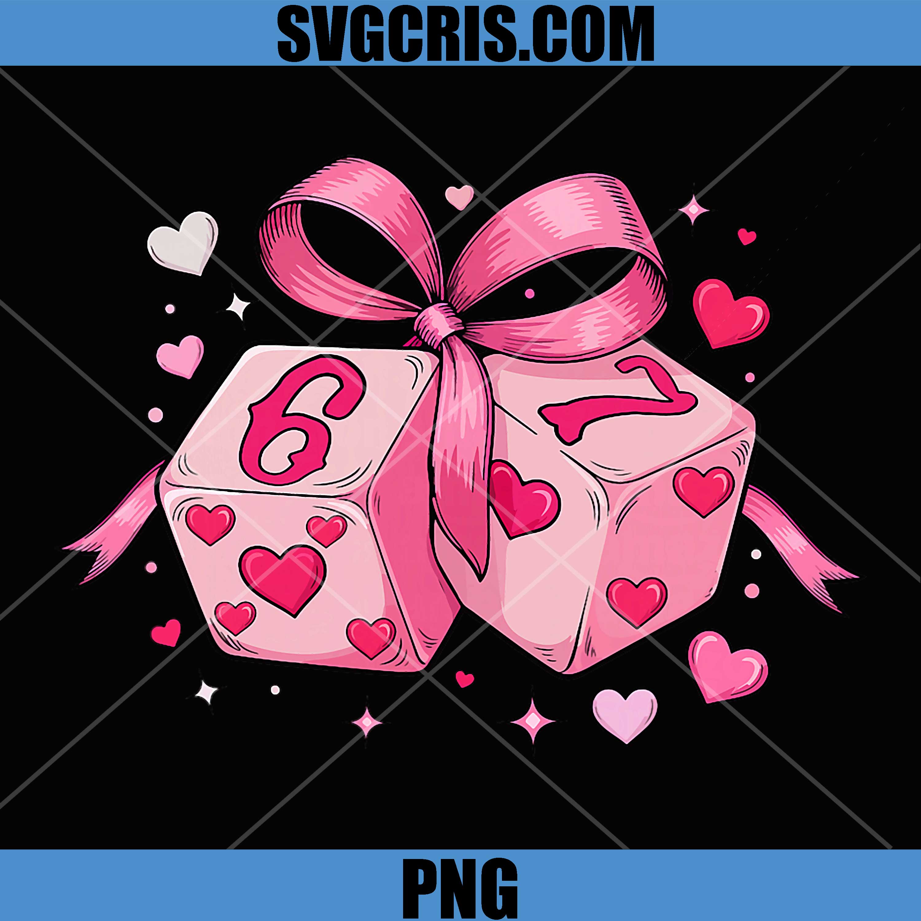 Valentine Dice 6 7 Heart PNG, Cute Coquette Bow Dice PNG