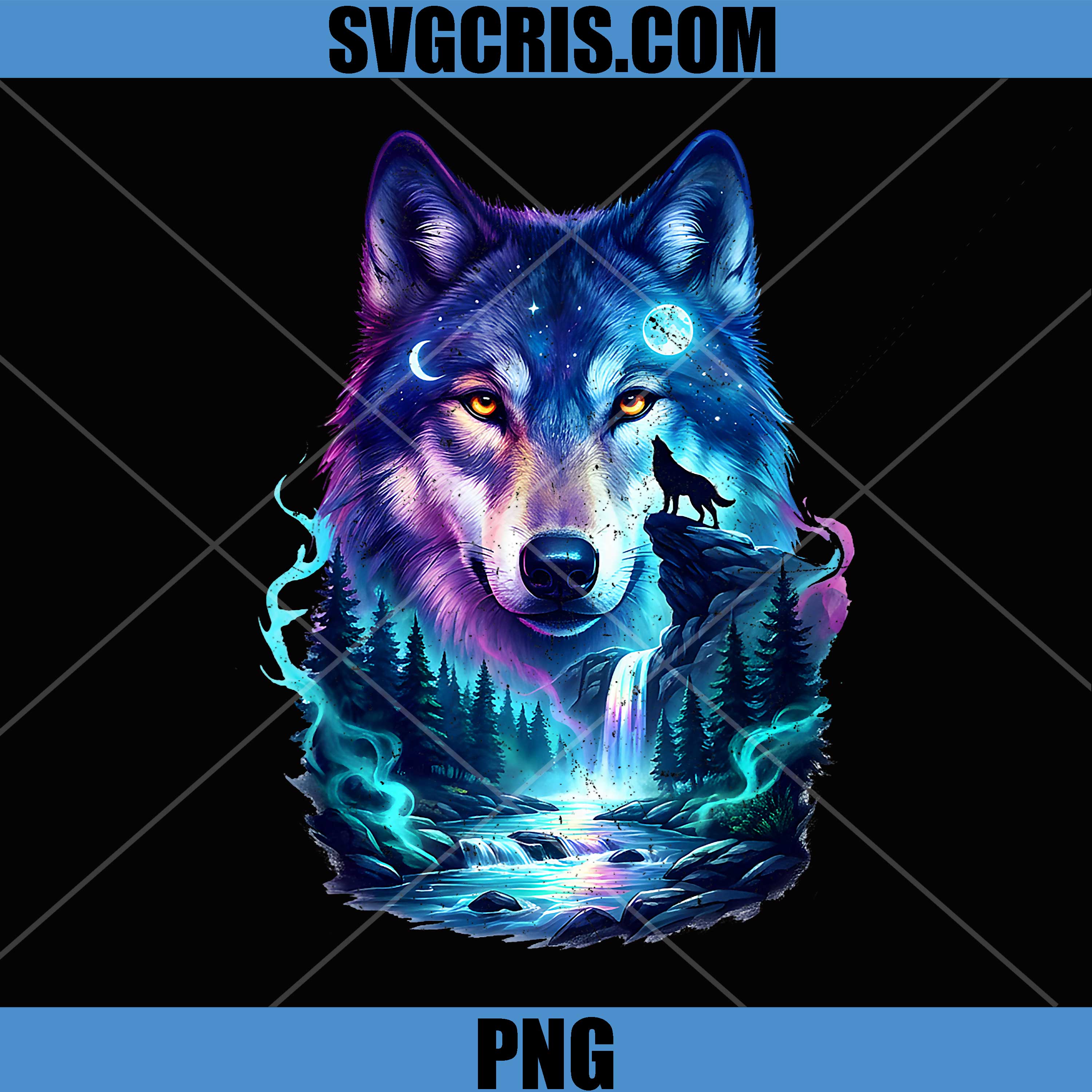 Galaxy Wolf With Moon And Waterfall Scene PNG, Fantasy Wolf PNG