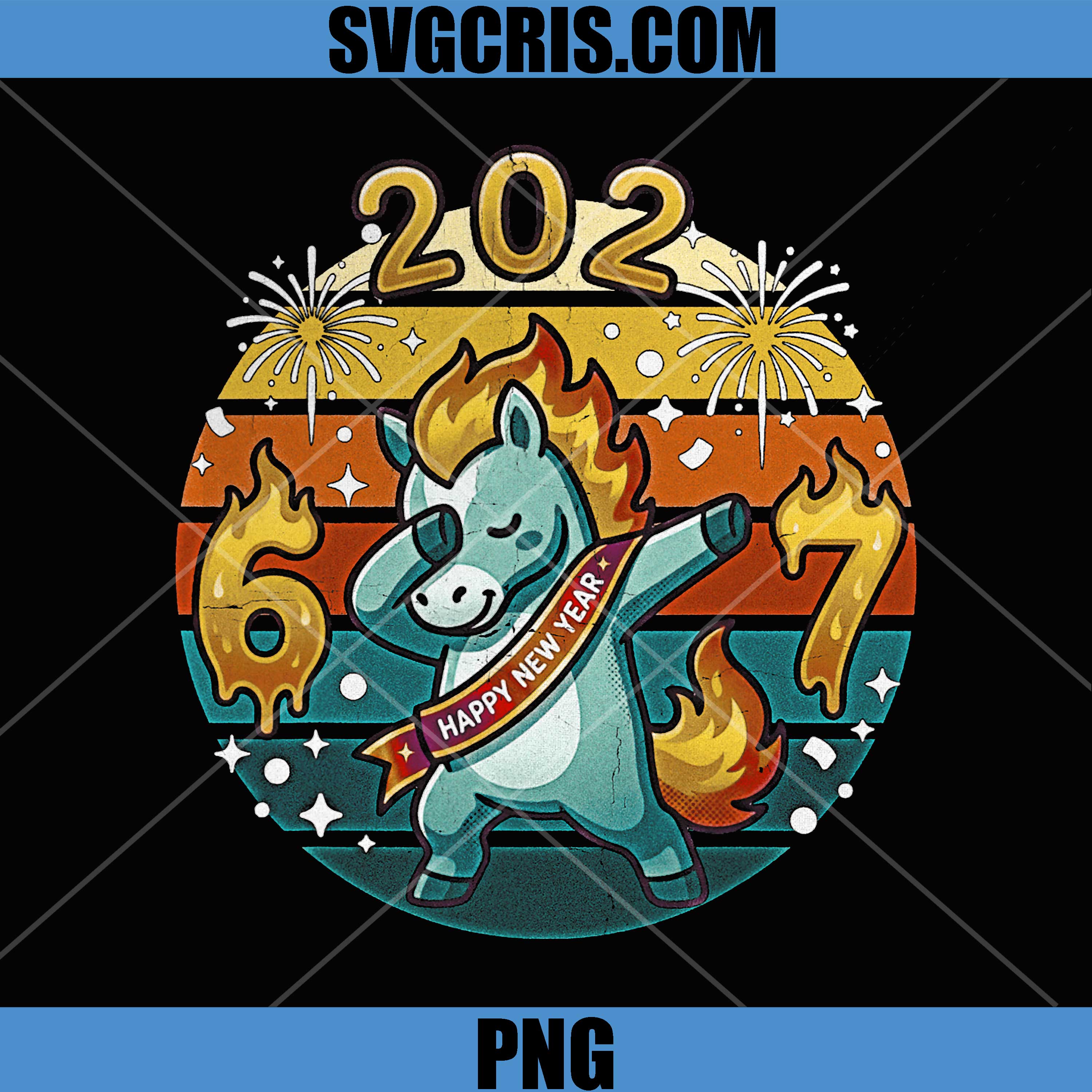 Sunset Cute Dabbing Fire Horse 2026-7 PNG, New Year Funny PNG