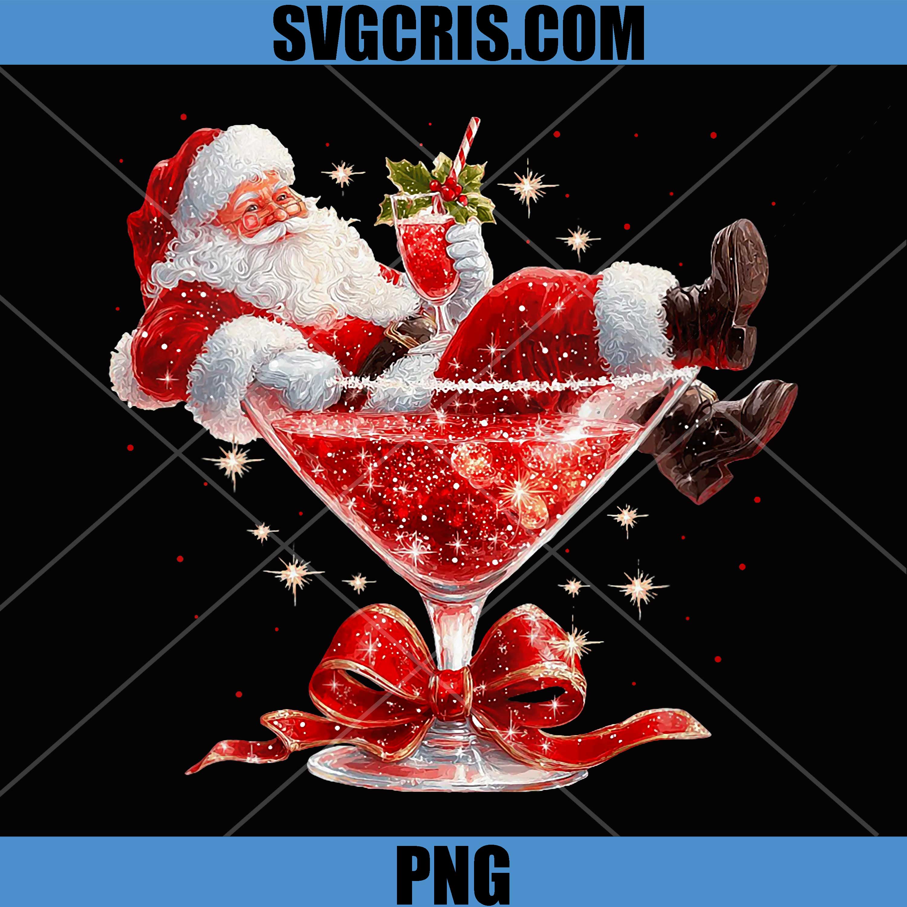 Santa Relaxing in Martini PNG, Glass with Festive Red Sparkles PNG