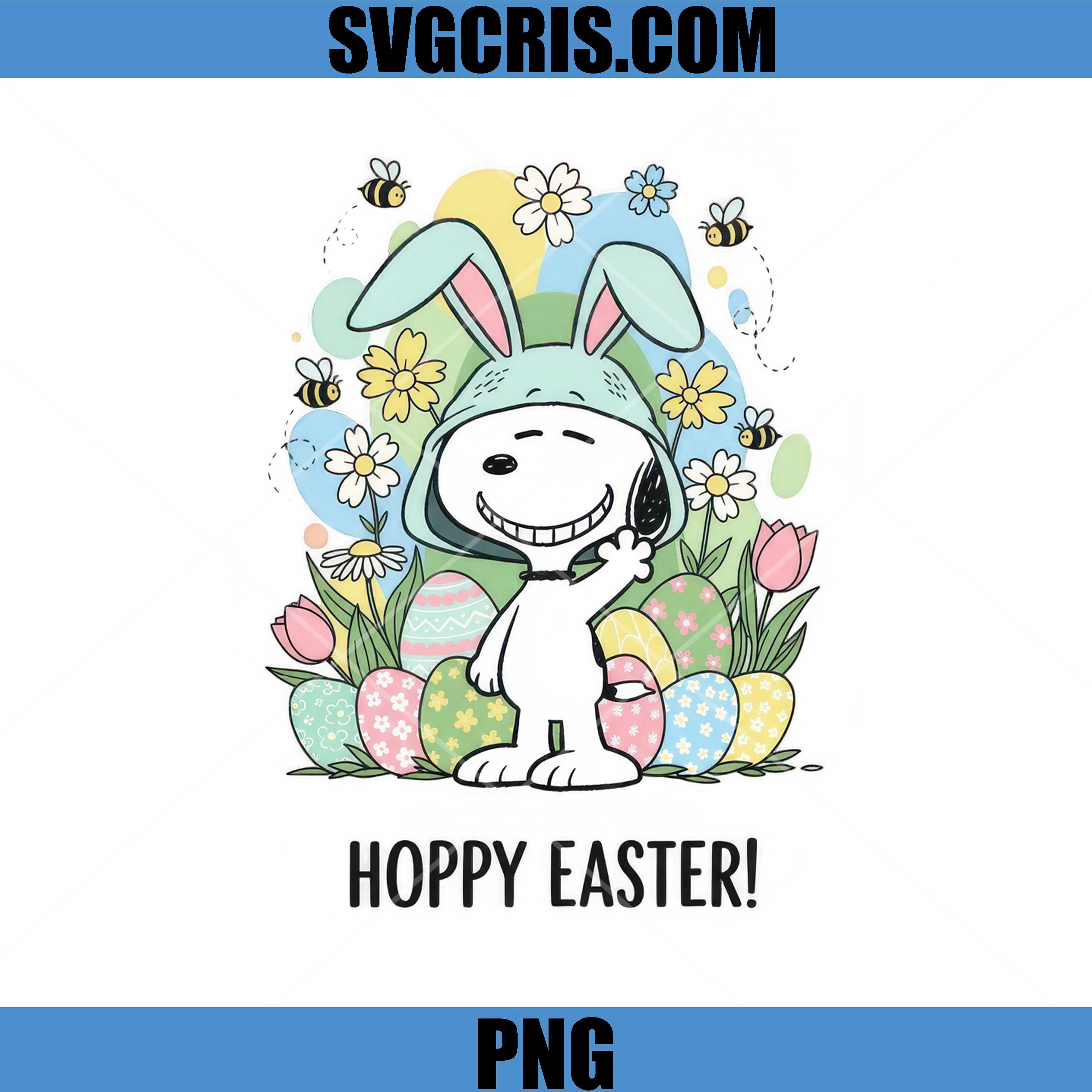Hoppy Easter PNG, Snoopy Bunny Hat Happy Easter Eggs Flower PNG