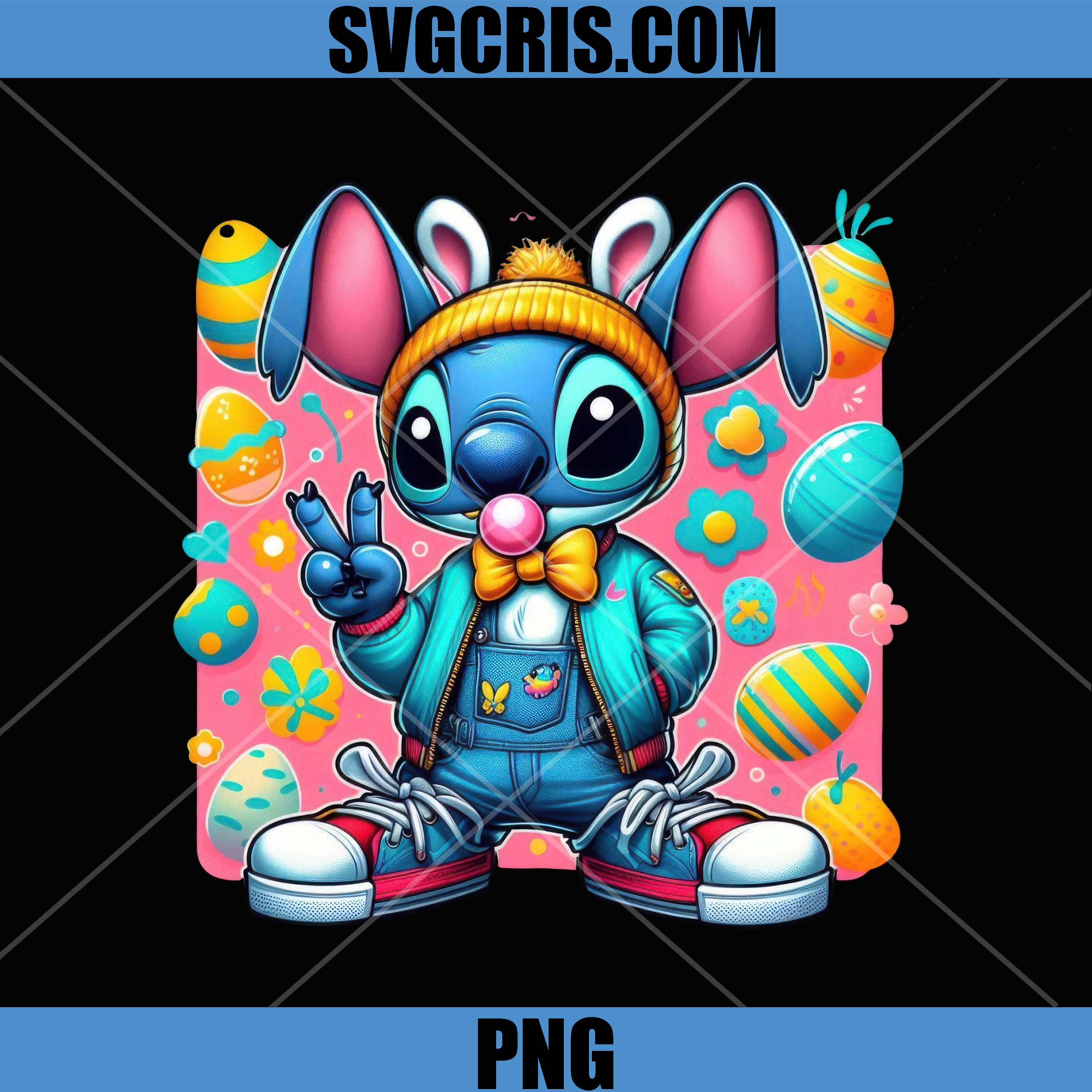 Stitch Easter Bunny With Eggs And Bubble Gum PNG, Cute Stitch Easter PNG