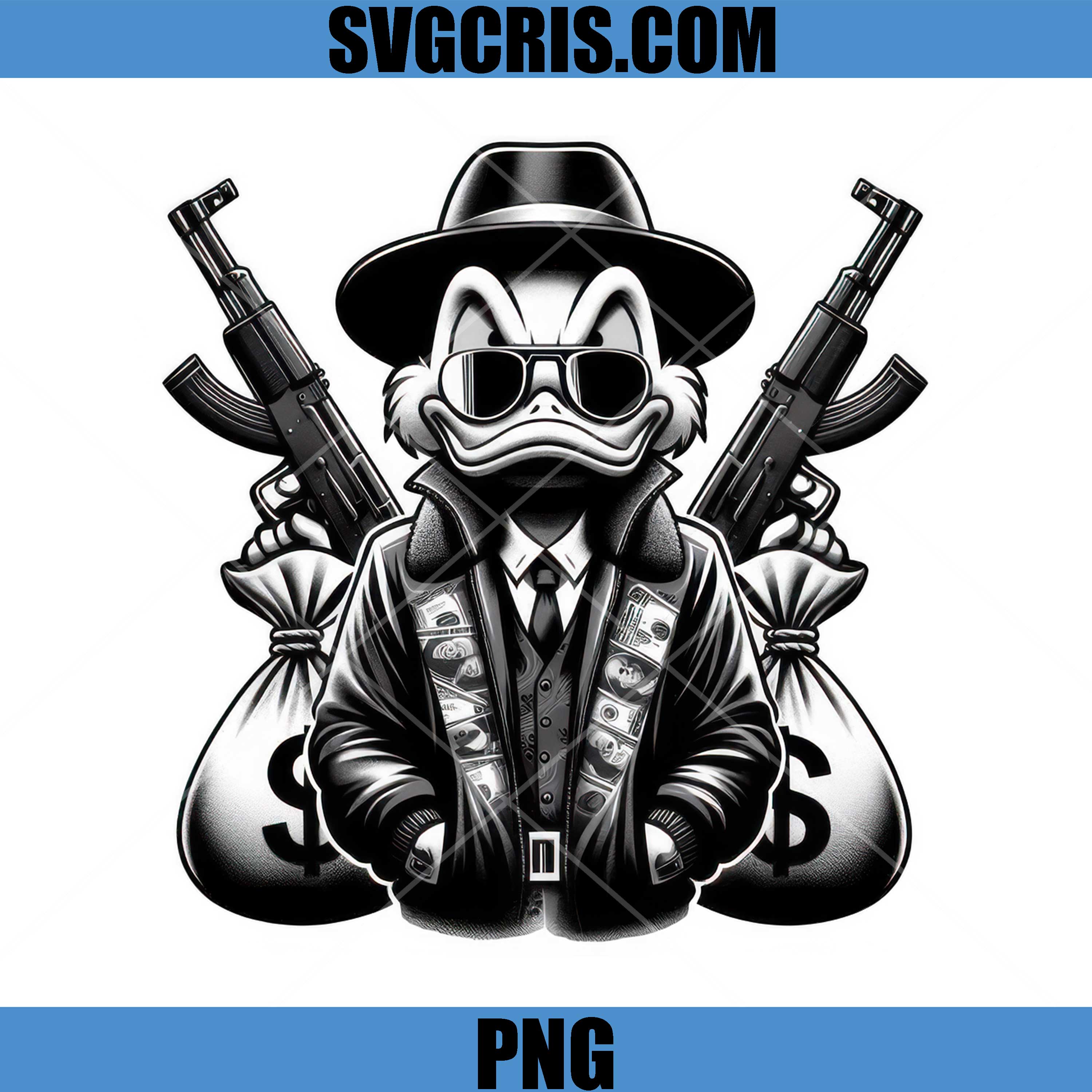 Gangster Duck With Guns And Money Bags PNG, Mafia Style Duck PNG