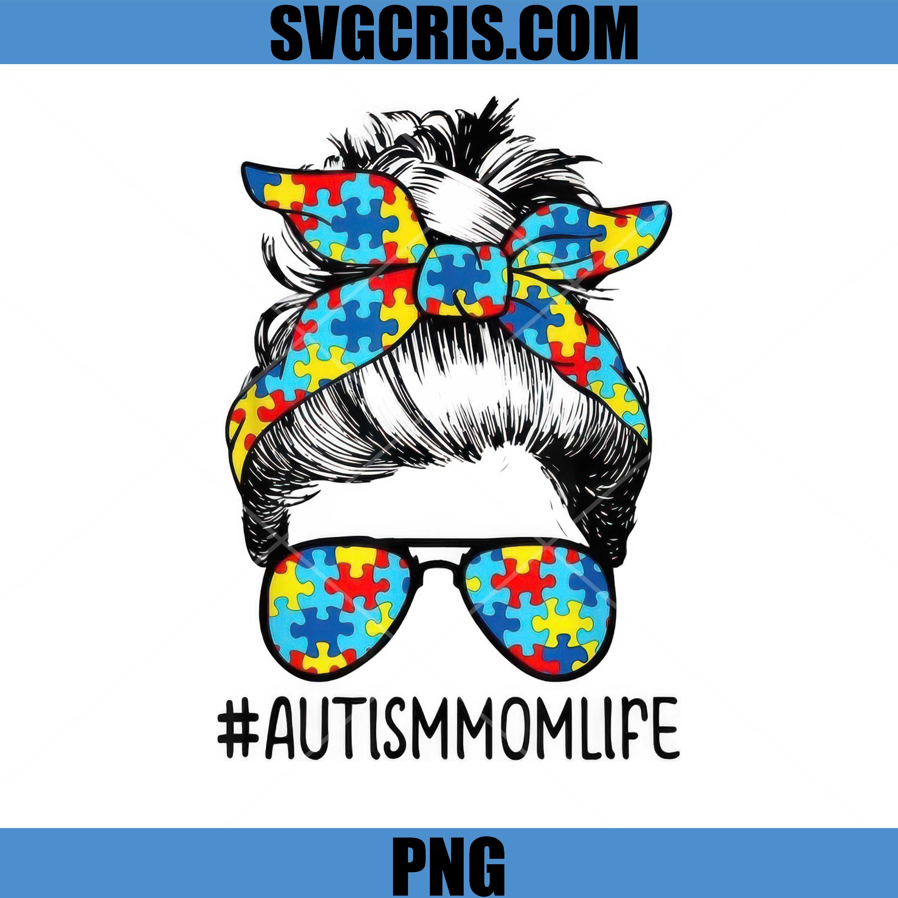 Autism Mom Life Puzzle Glasses PNG, Messy Bun Bandana PNG