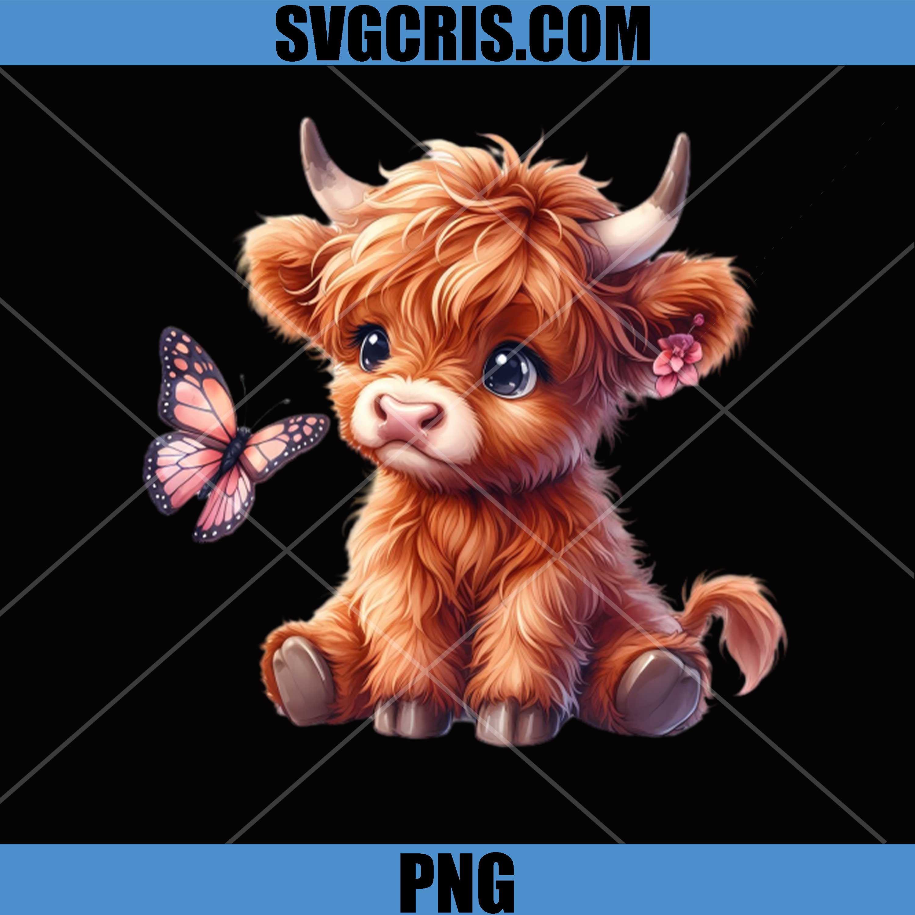 Cute Baby Highland Cow Butterfly PNG, Adorable Cow With Flower PNG