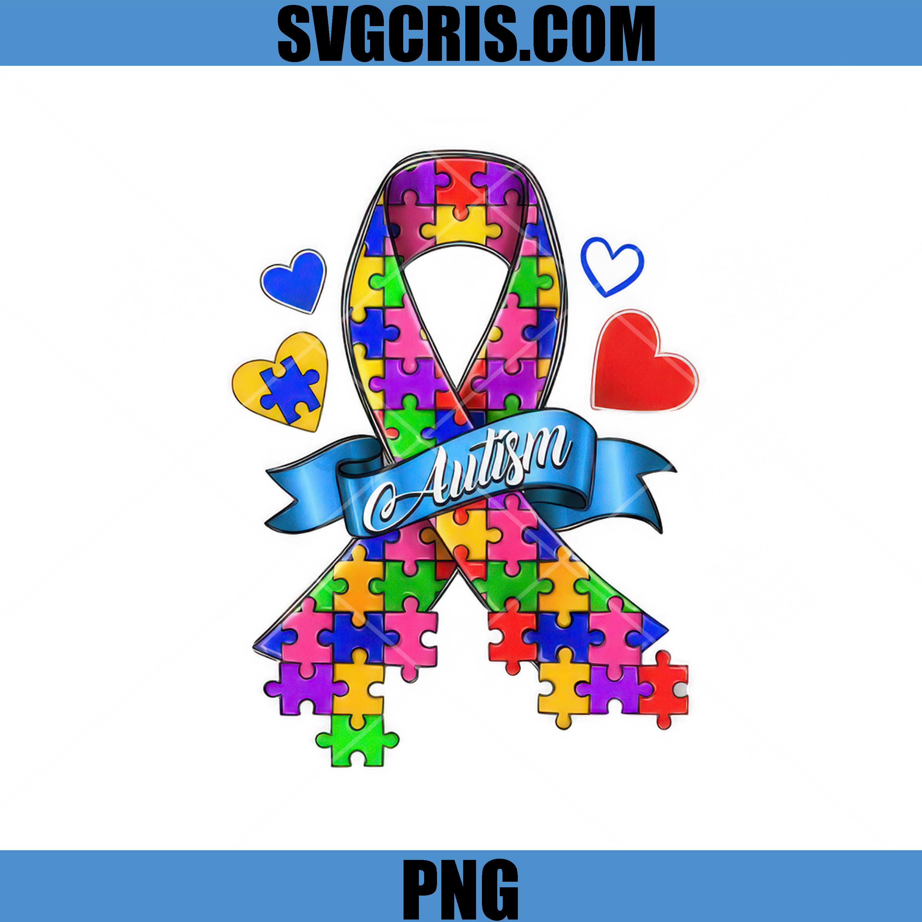 Autism Puzzle Ribbon Awareness PNG, Colorful Heart Support PNG