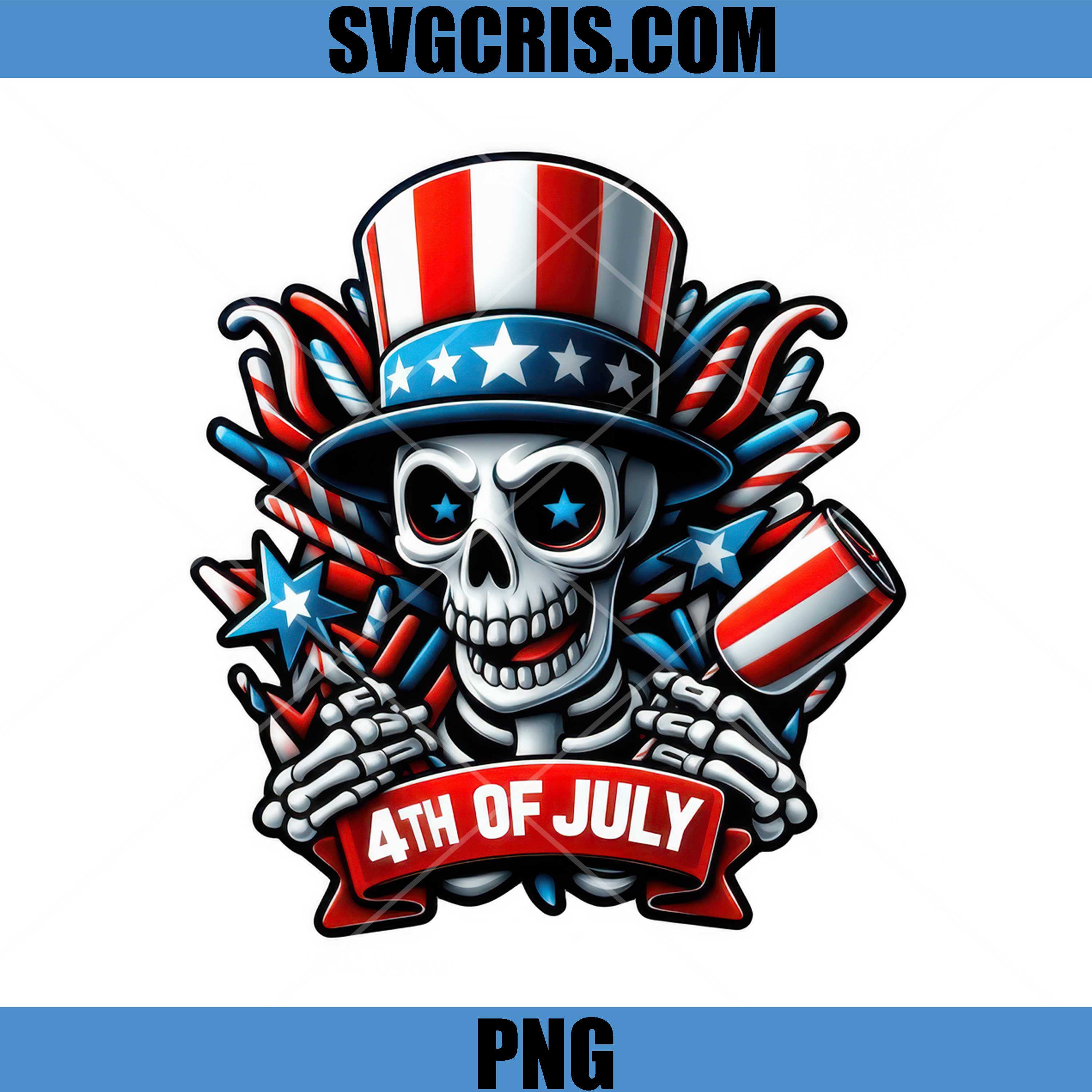 4th Of July Skull Uncle Sam PNG, Patriotic Skeleton Fireworks PNG