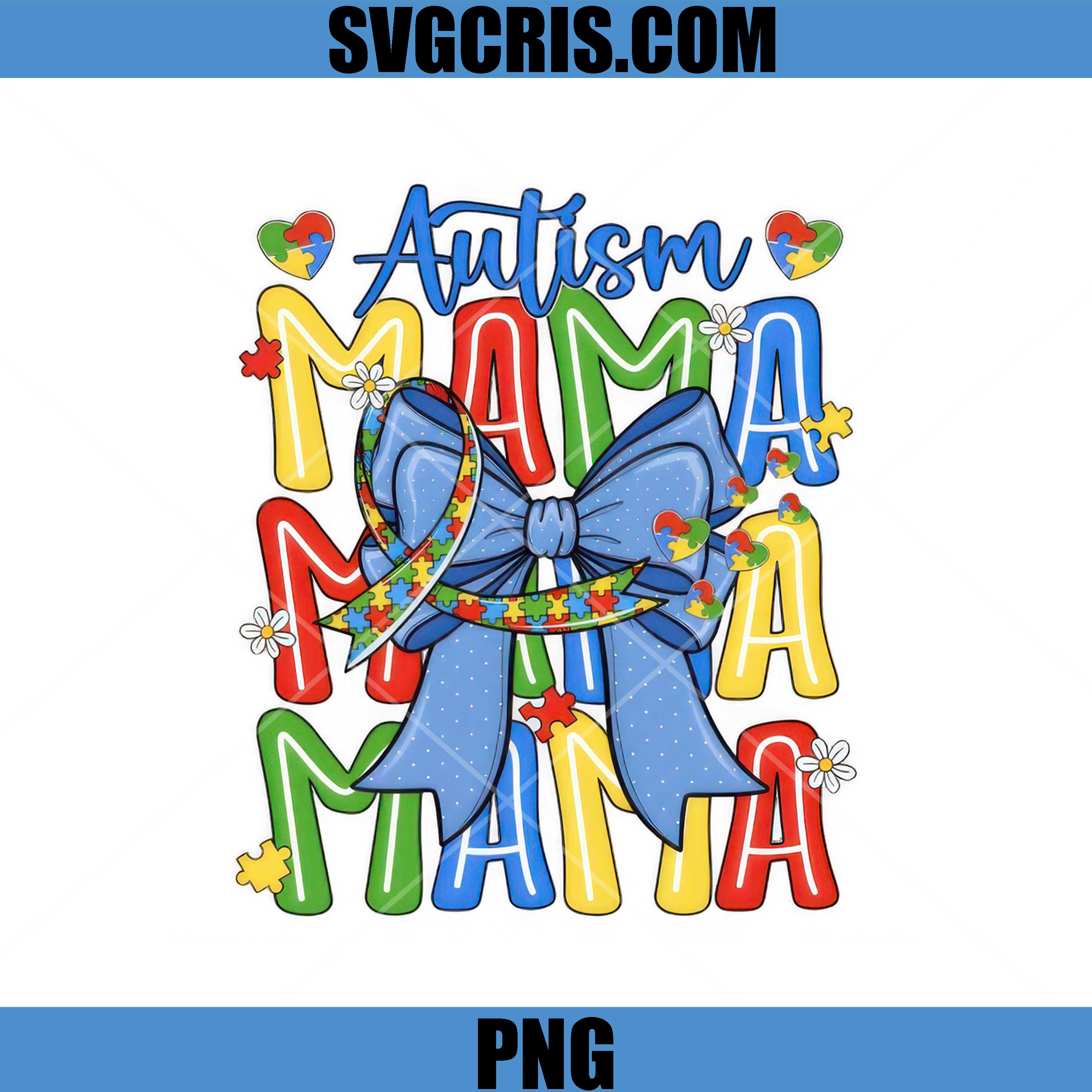 Autism Mama Puzzle Ribbon Bow PNG, Colorful Mama Design PNG