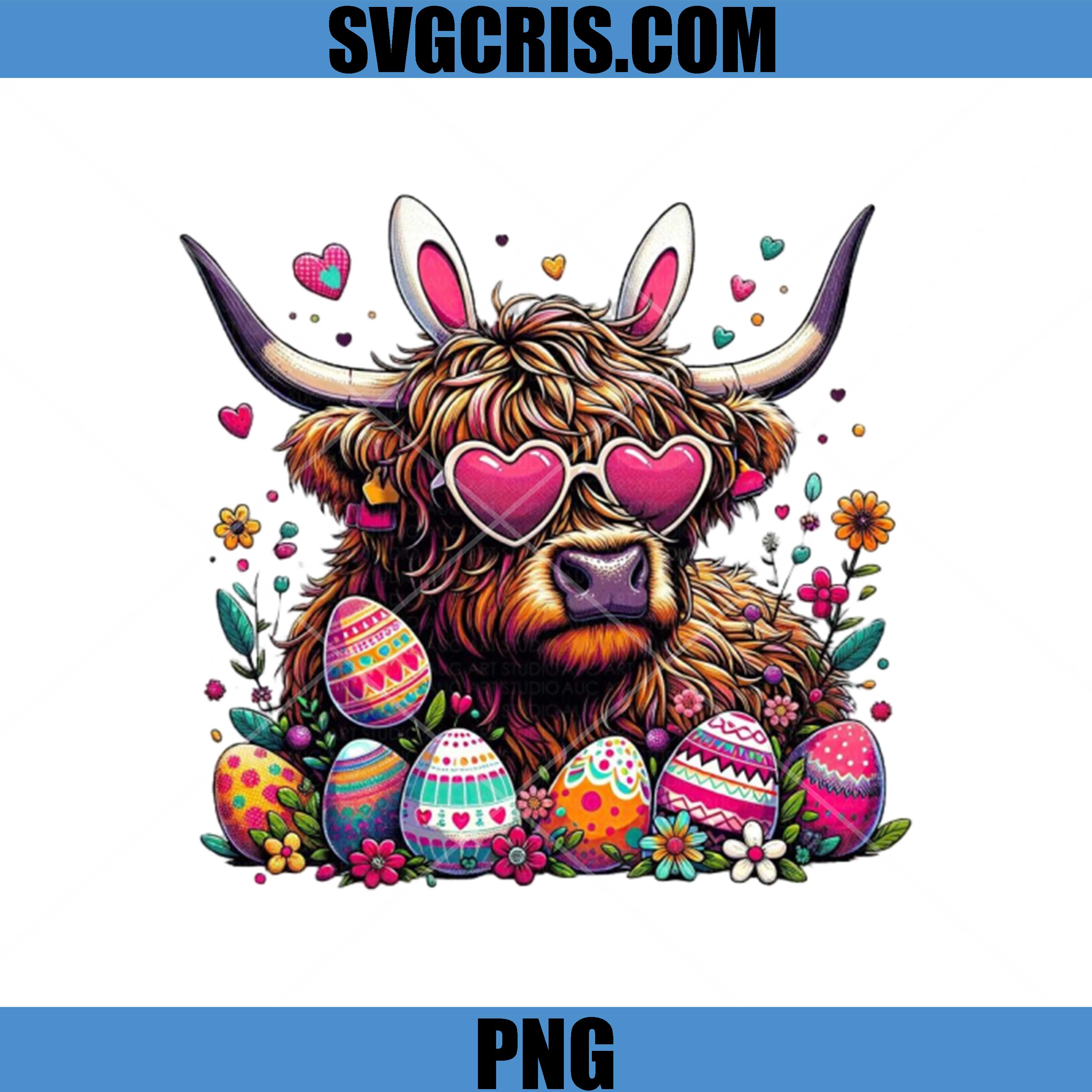 Highland Cow With Heart Glasses PNG, Cute Easter Egg Cow PNG