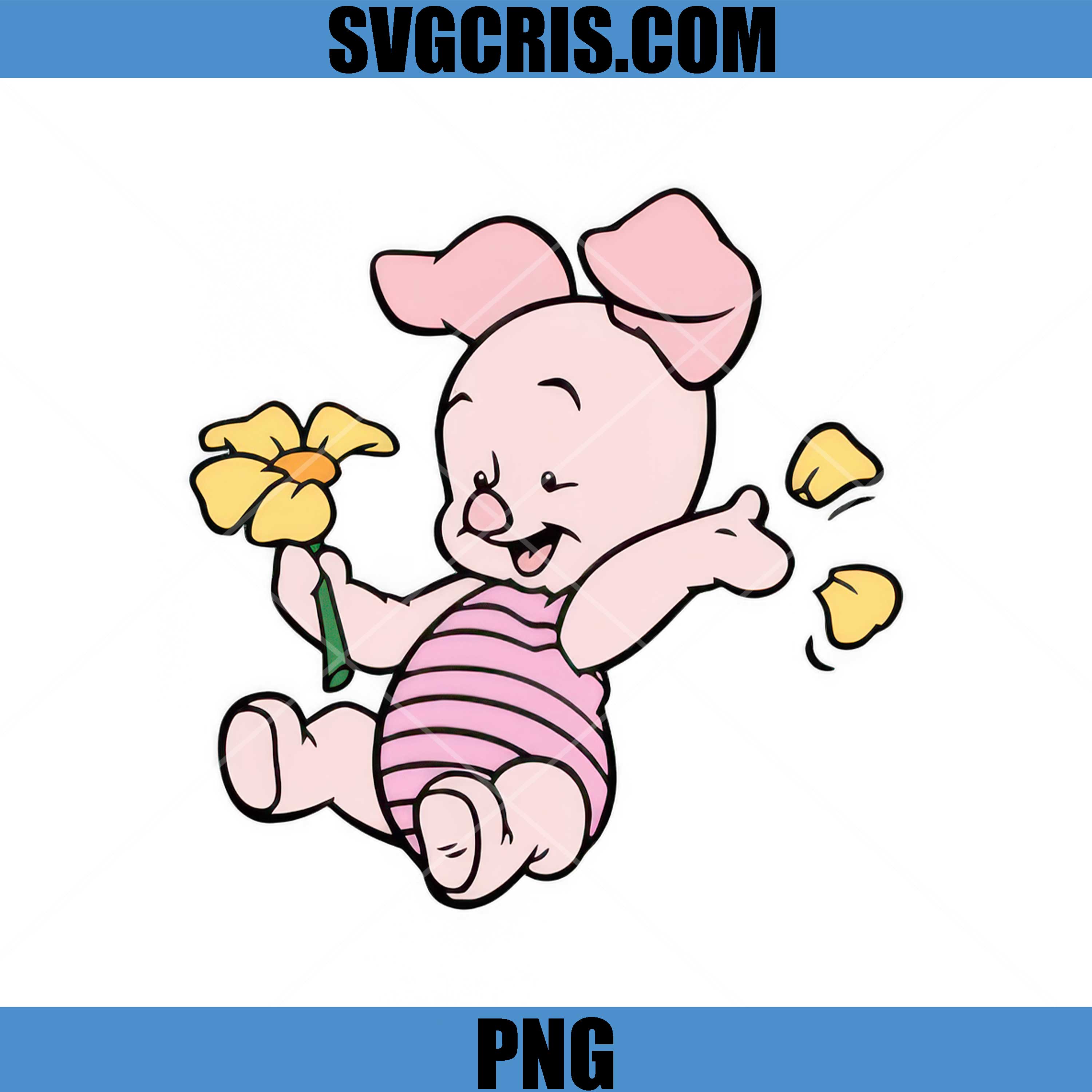 Piglet Holding Flower Cute PNG, Happy Piglet Falling Petals PNG