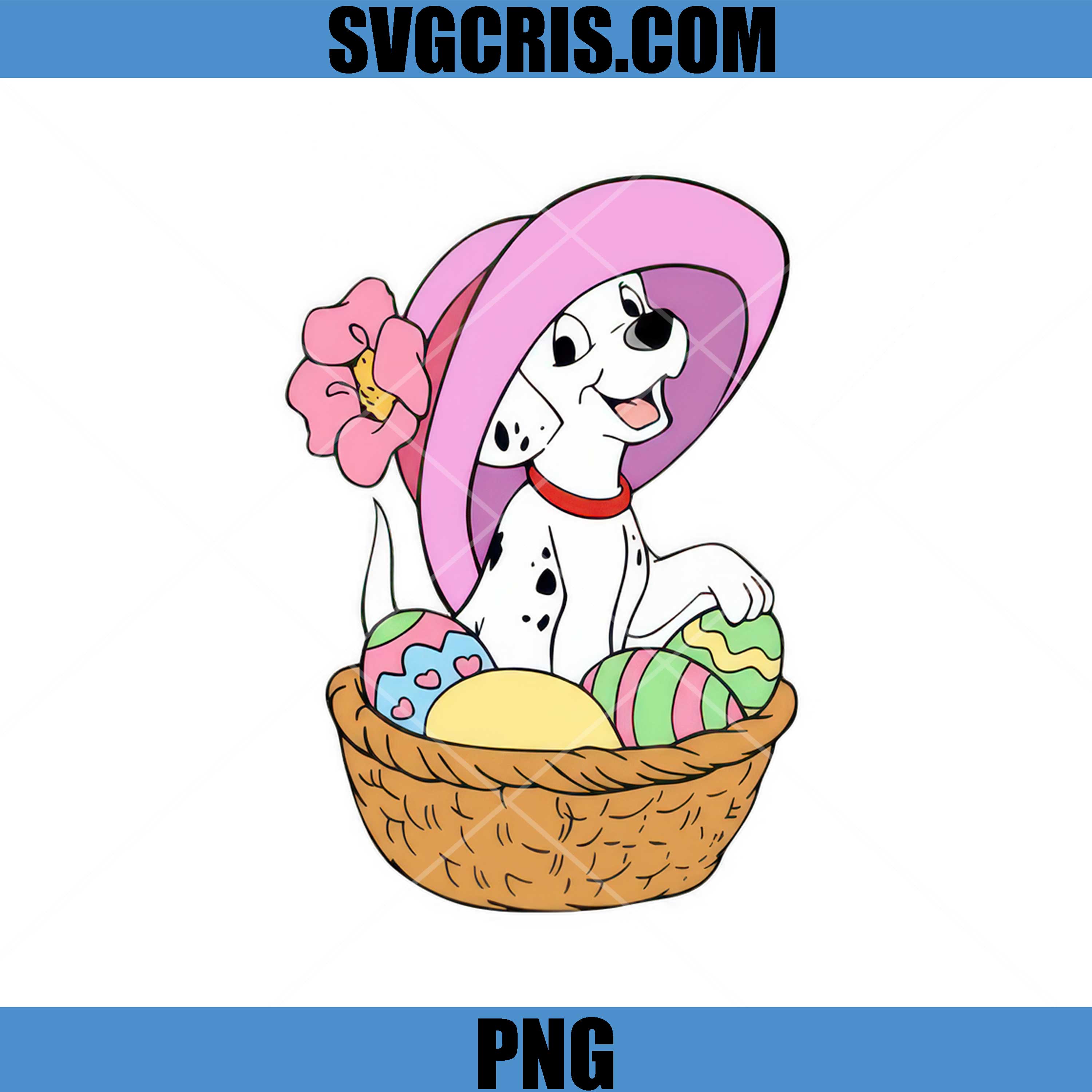 Dalmatian Easter Bunny Basket Eggs PNG, Cute Dog Pink Hat Spring PNG