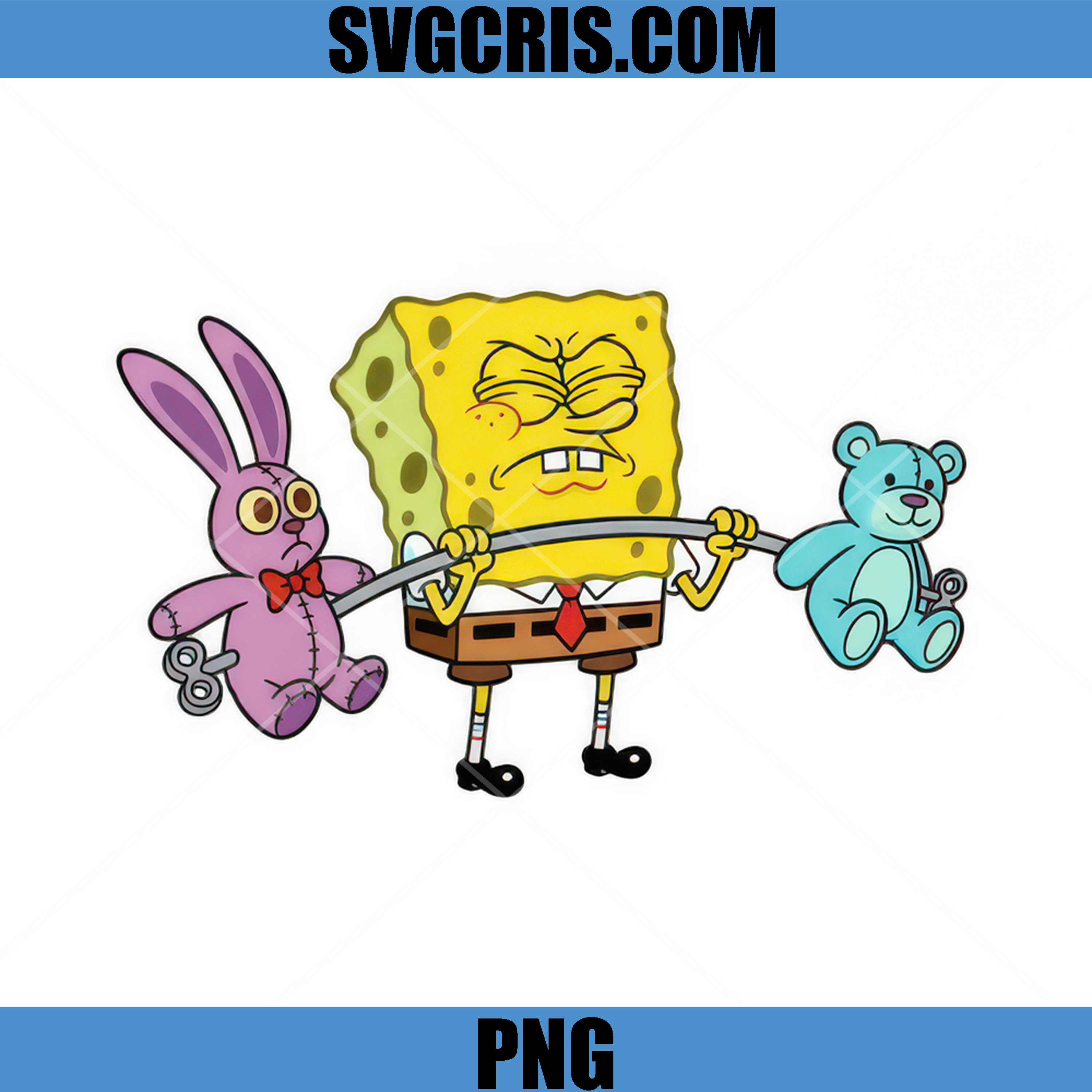 Spongebob Pulling Stuffed Bunny And Teddy Bear PNG, Funny Cartoon Toy Stretch PNG