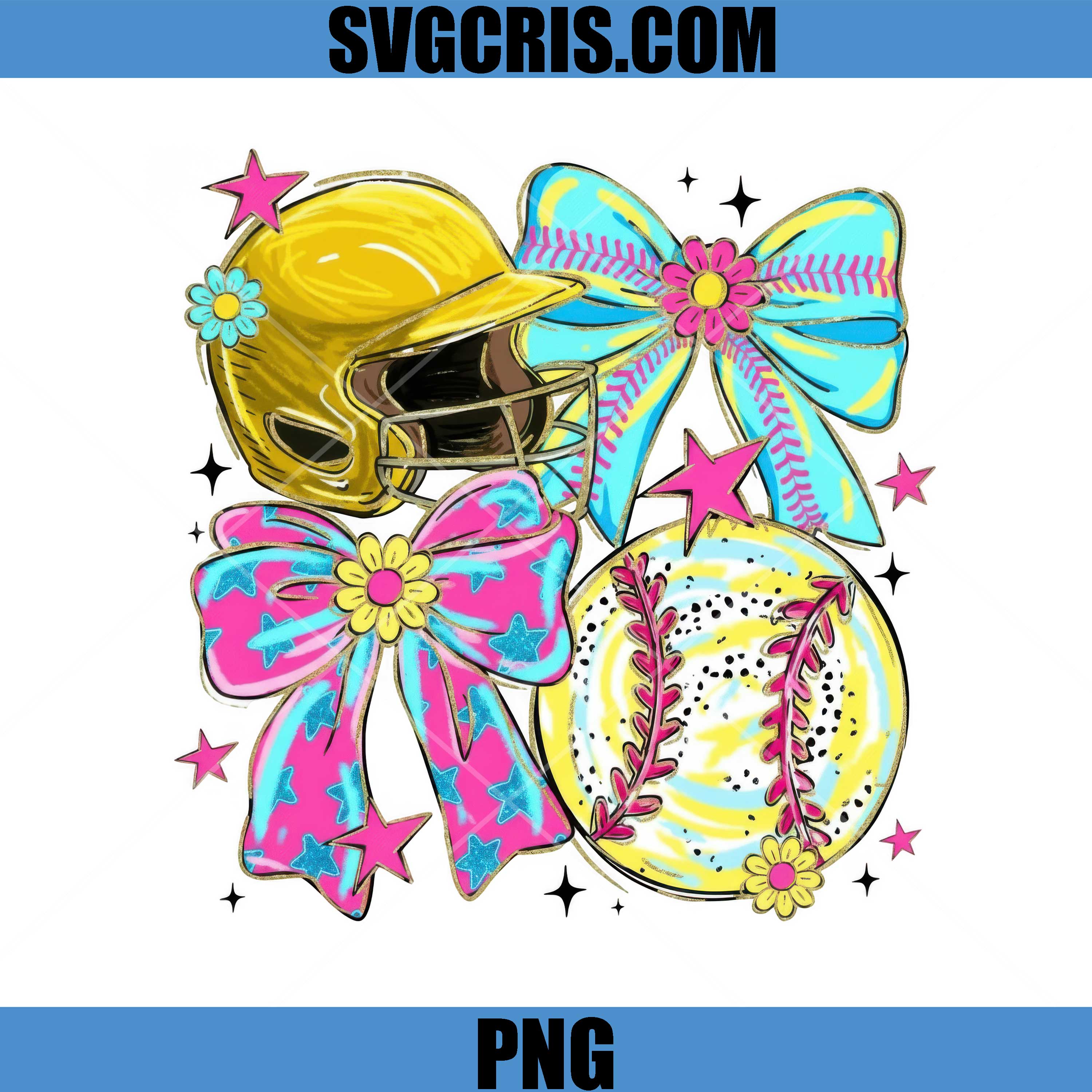 Softball Helmet Ball Bows Cute PNG, Colorful Sports Graphic PNG