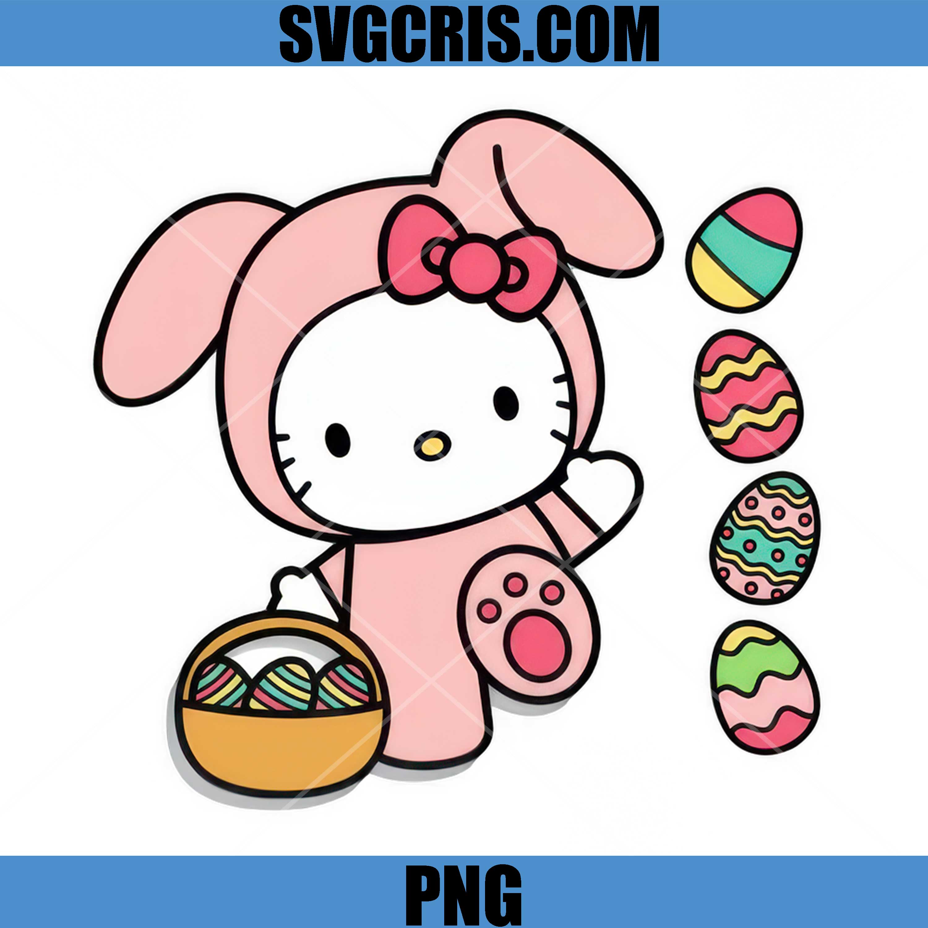 Hello Kitty Easter Bunny With Eggs Basket PNG, Cute Kitty Easter PNG