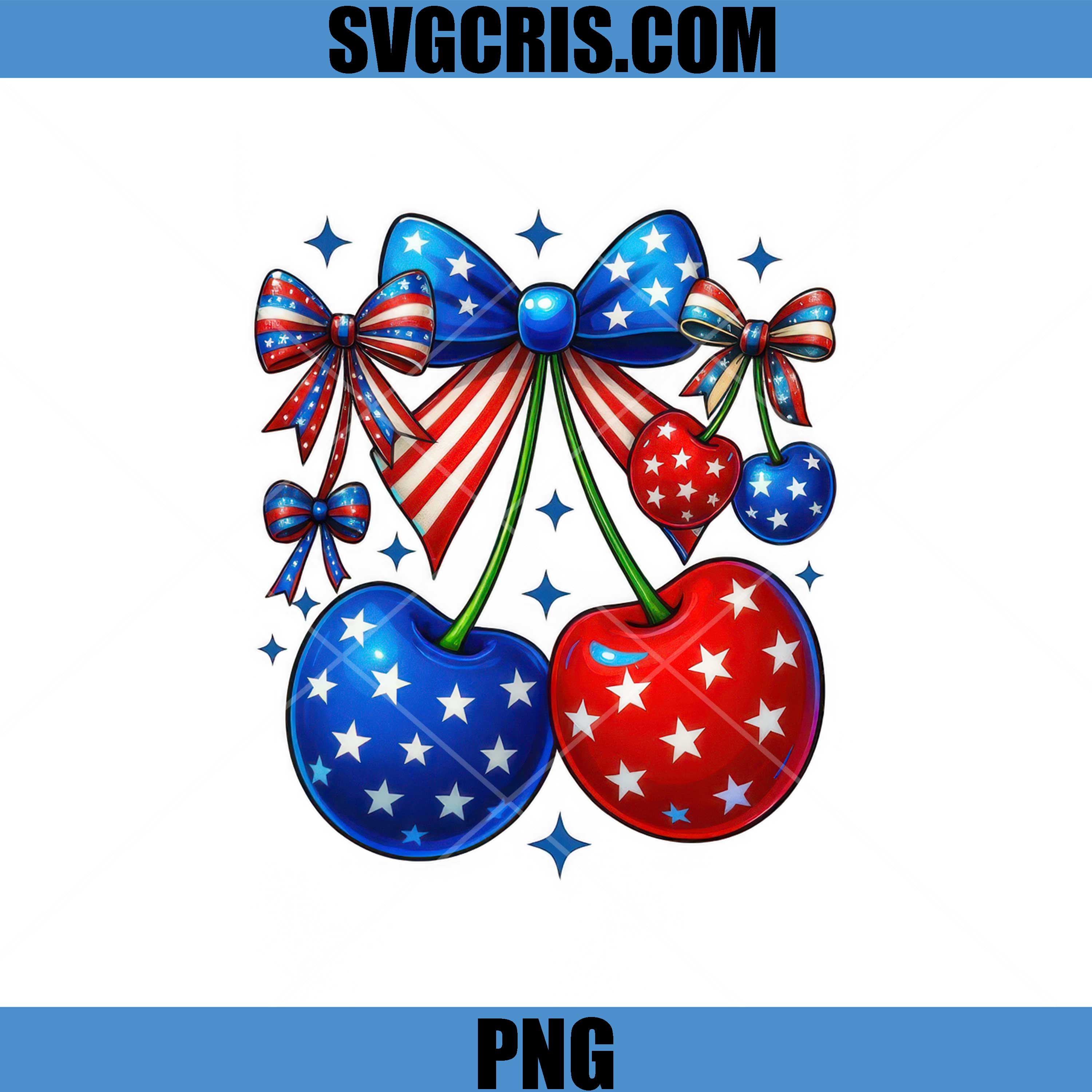 Patriotic Cherry American Flag Style PNG, USA Cherry Bow Design PNG