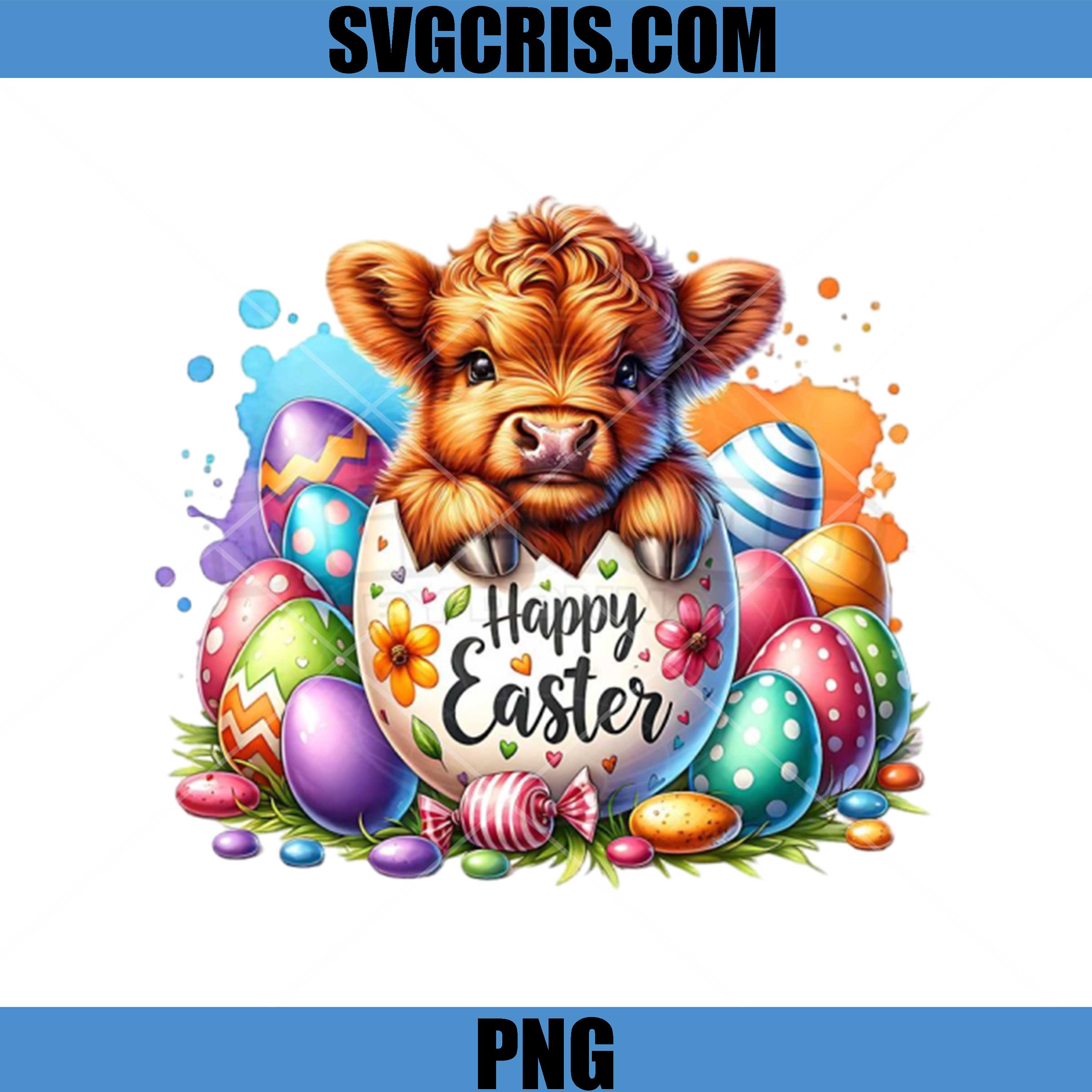 Cute Highland Cow Happy Easter PNG, Baby Cow With Easter Eggs PNG