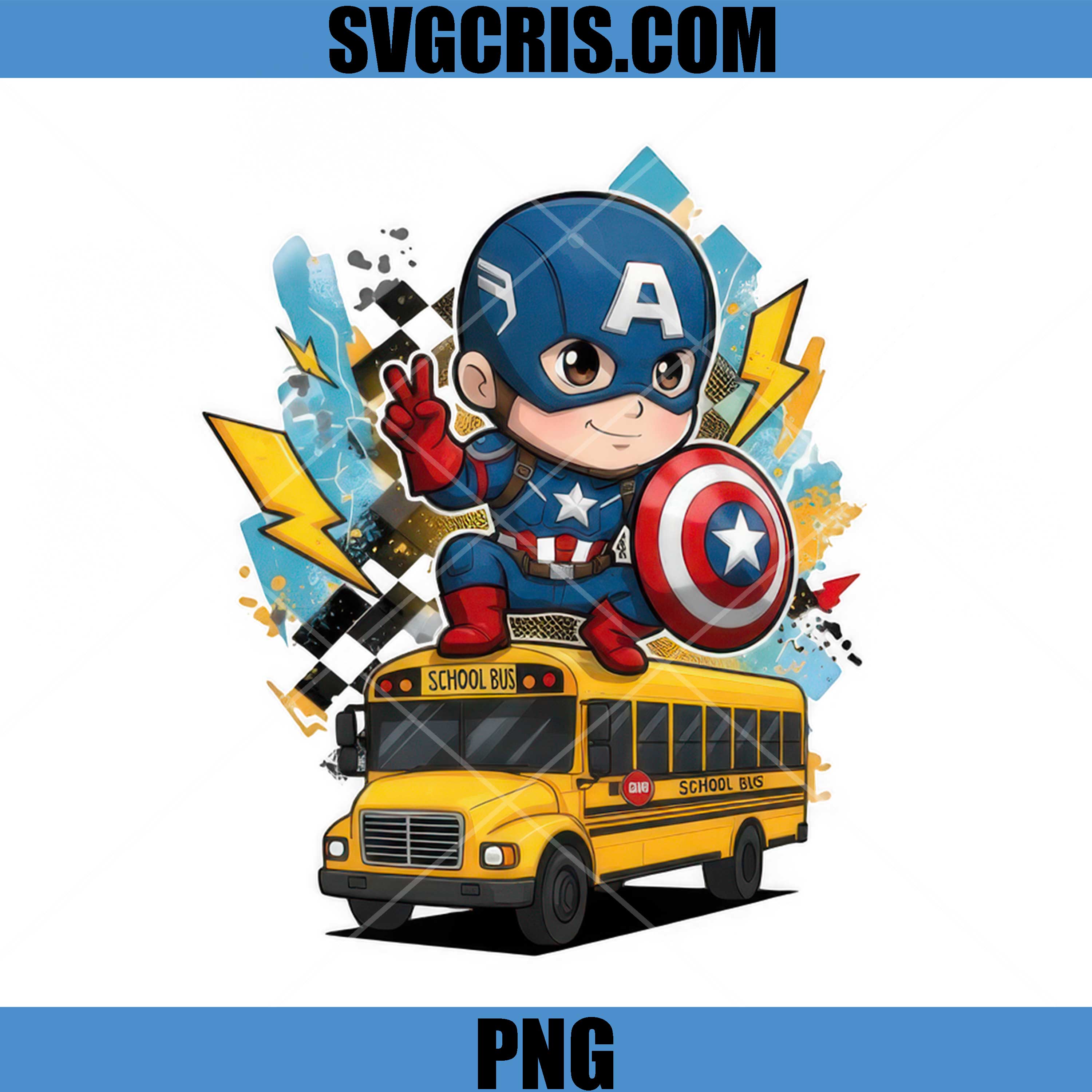 Captain America Chibi Riding School Bus Lightning Style PNG, Superhero Kid Cartoon Graphic PNG