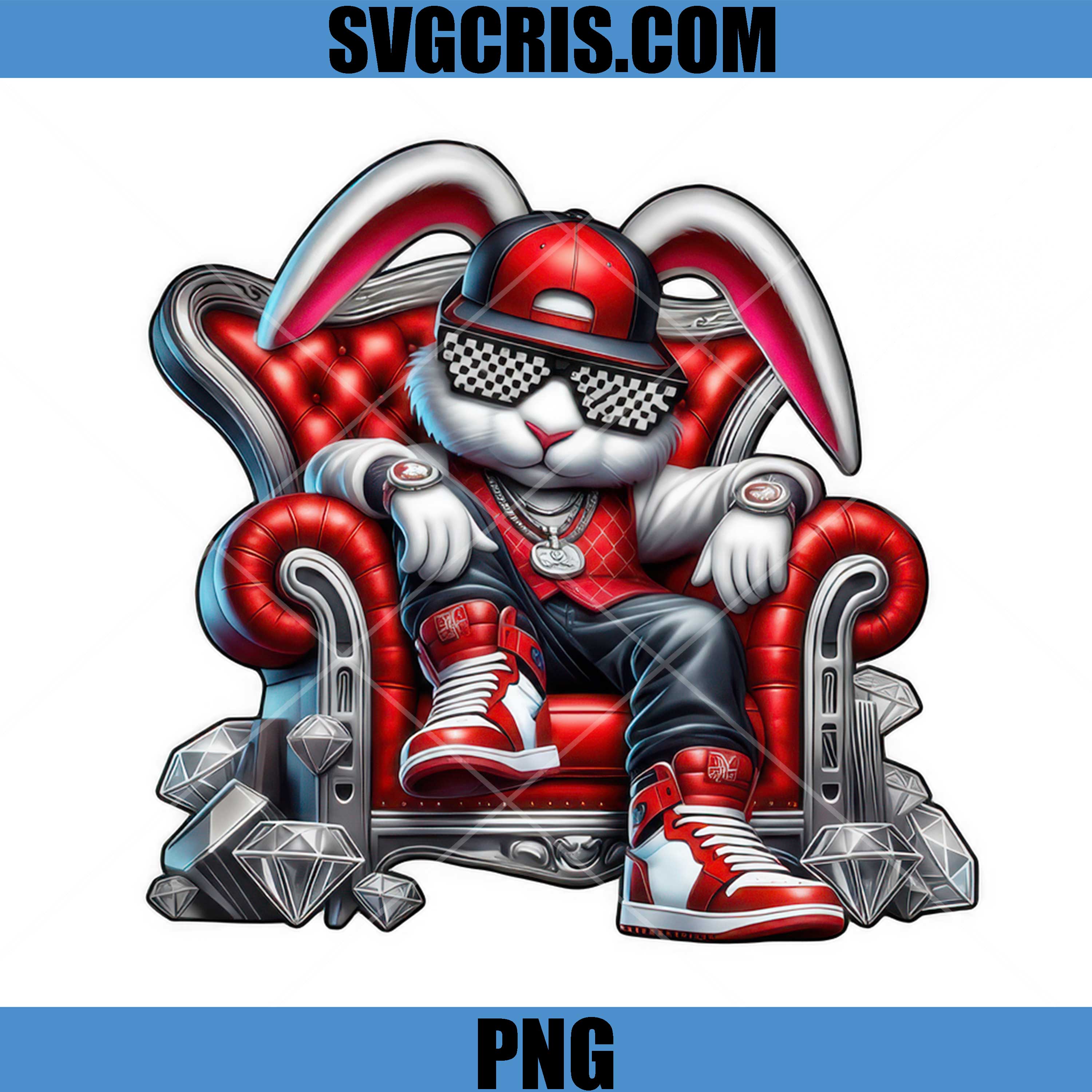 Cool Bunny Sitting On Red Throne With Glasses PNG, Hip Hop Rabbit Streetwear Style PNG