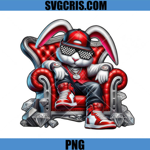 Cool Bunny Sitting On Red Throne With Glasses PNG, Hip Hop Rabbit Streetwear Style PNG