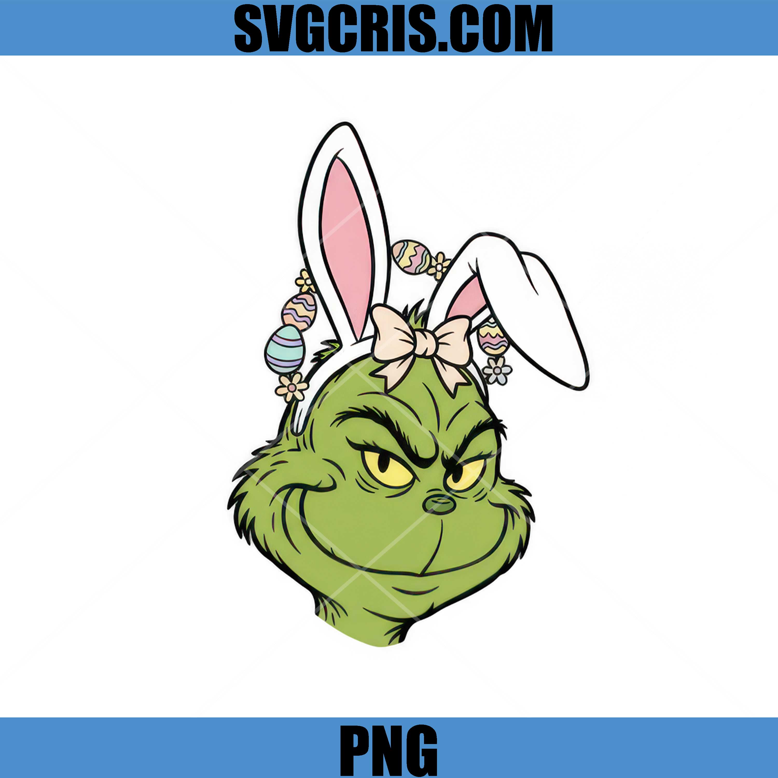 Grinch Bunny Ears Head With Eggs PNG, Cute Grinch Bunny Ears PNG