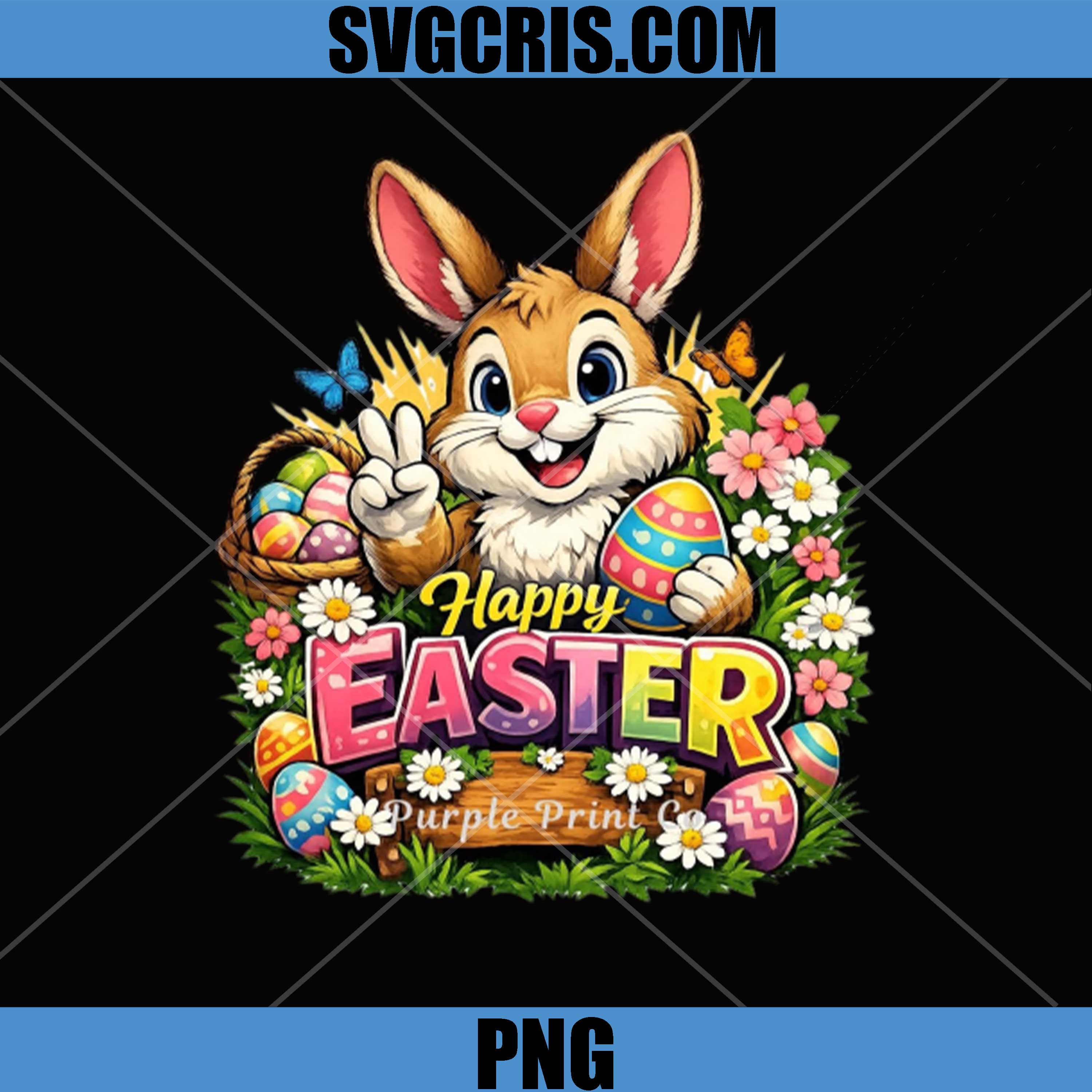 Happy Easter Bunny With Eggs PNG, Cute Easter Rabbit Flowers PNG