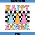 Happy Easter PNG, Bunny Trio Pastel Checkered Design PNG, Cute Spring Rabbits Graphic PNG
