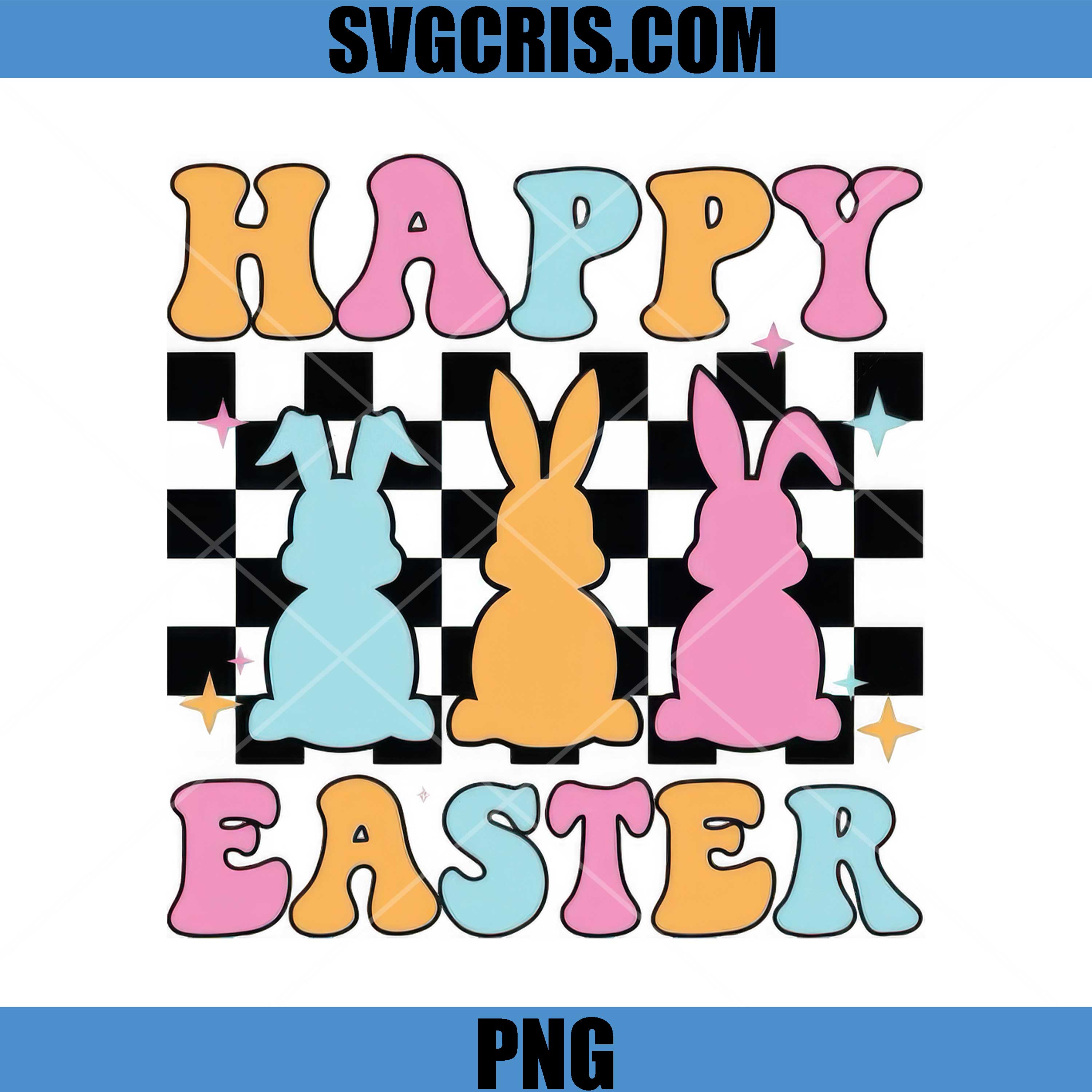 Happy Easter PNG, Bunny Trio Pastel Checkered Design PNG, Cute Spring Rabbits Graphic PNG