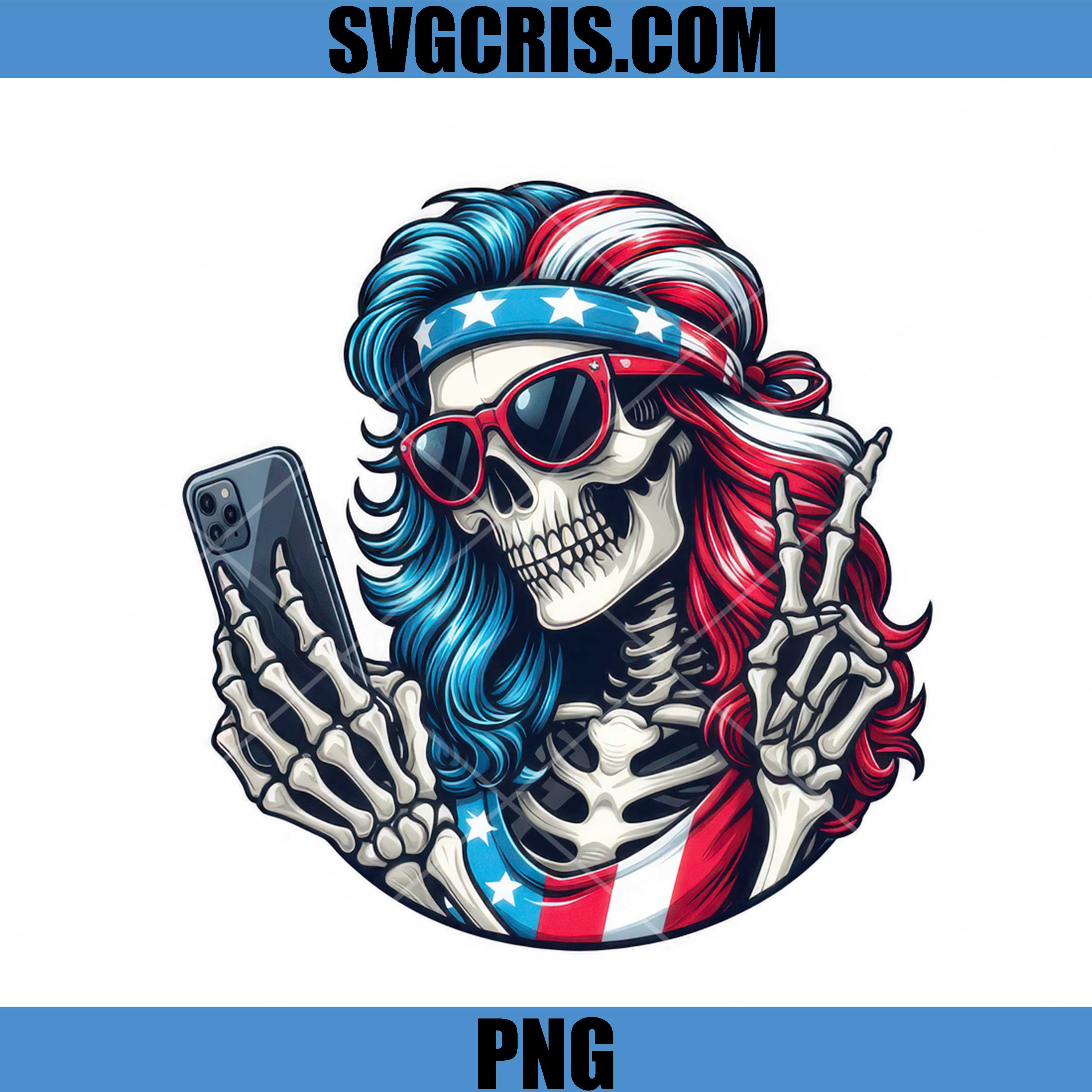American Skull Selfie Girl PNG, Patriotic Skeleton Peace Sign PNG