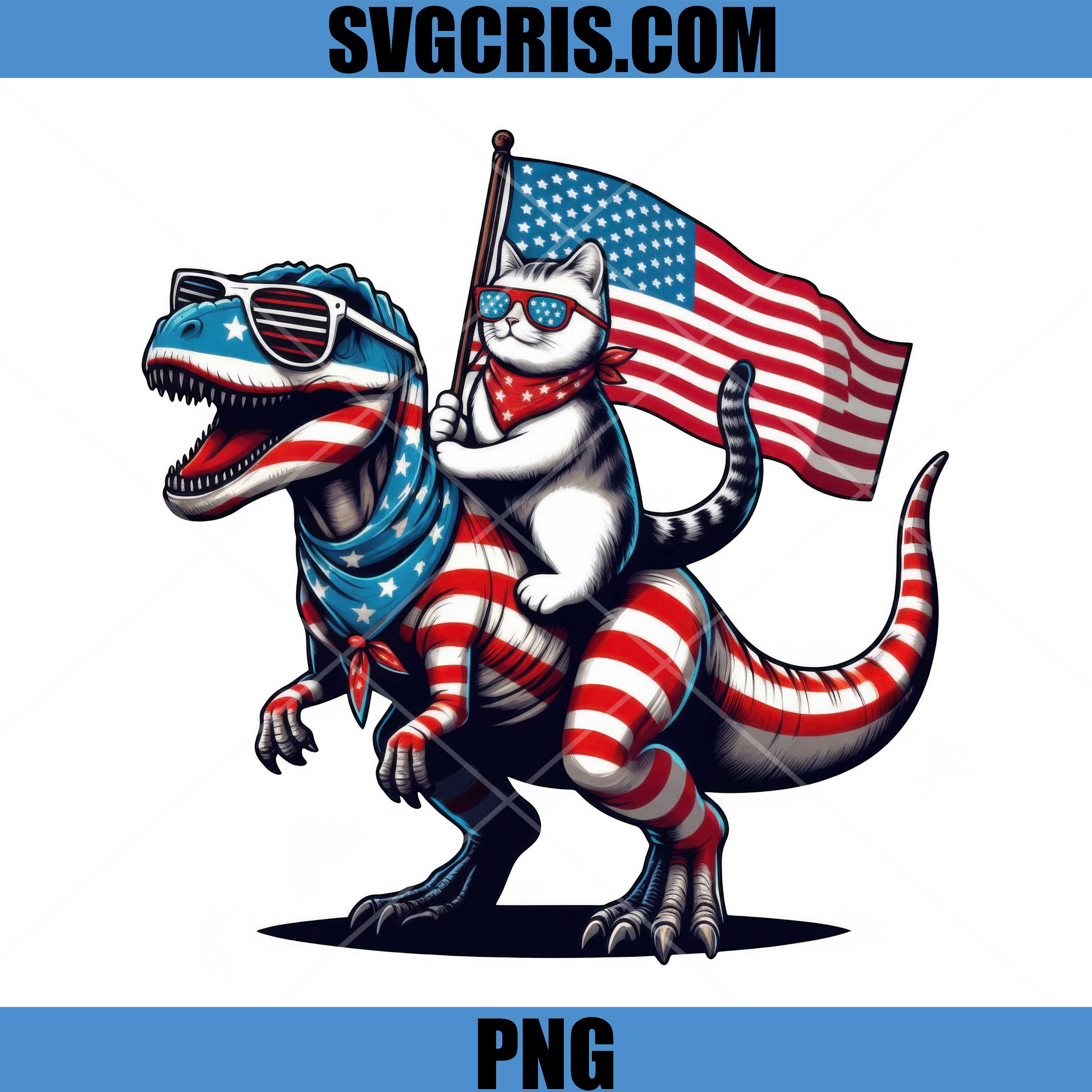 Cat Riding Dinosaur Usa Flag Patriotic PNG, Funny T Rex 4th July PNG