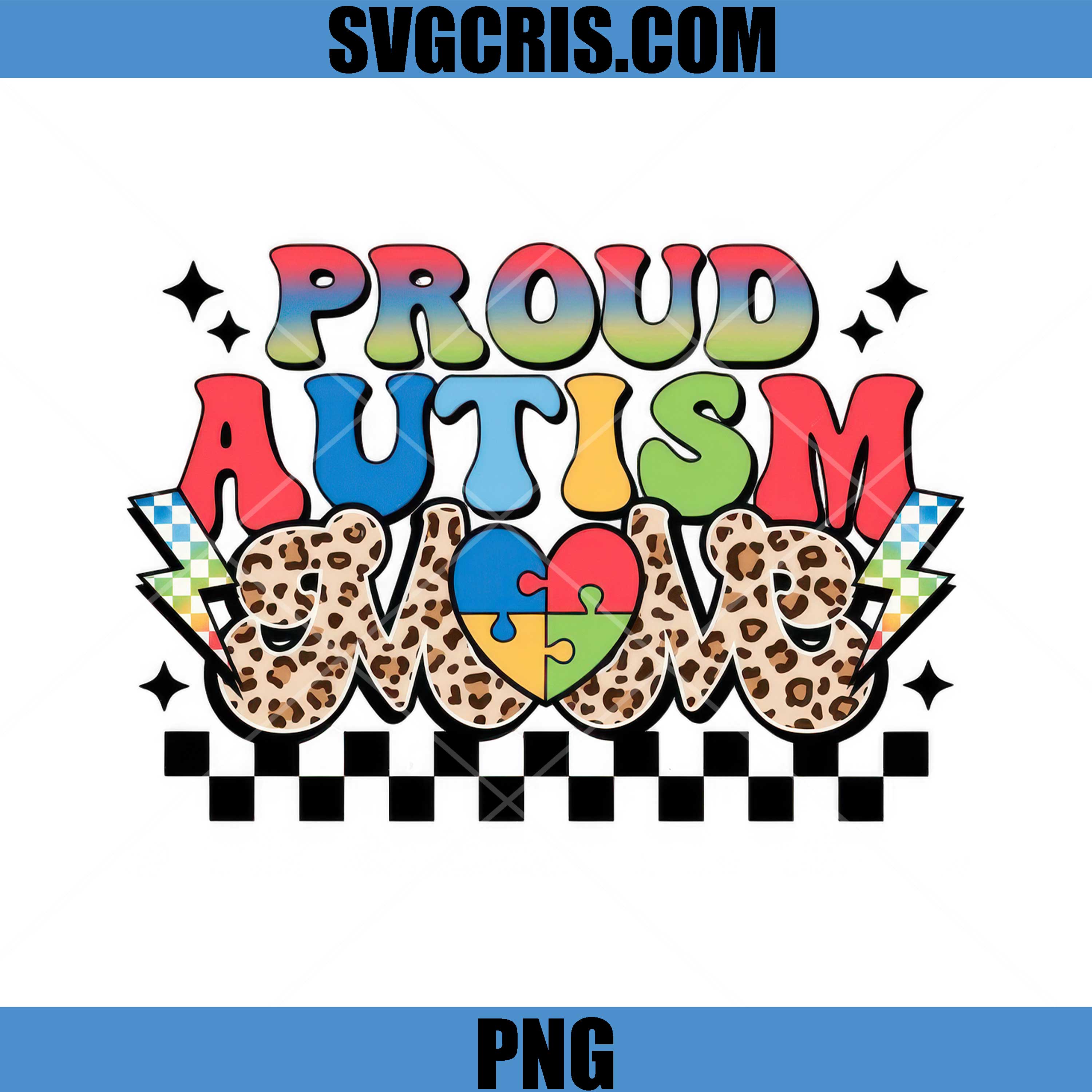 Proud Autism Mom Leopard Heart PNG, Puzzle Checkered Design PNG
