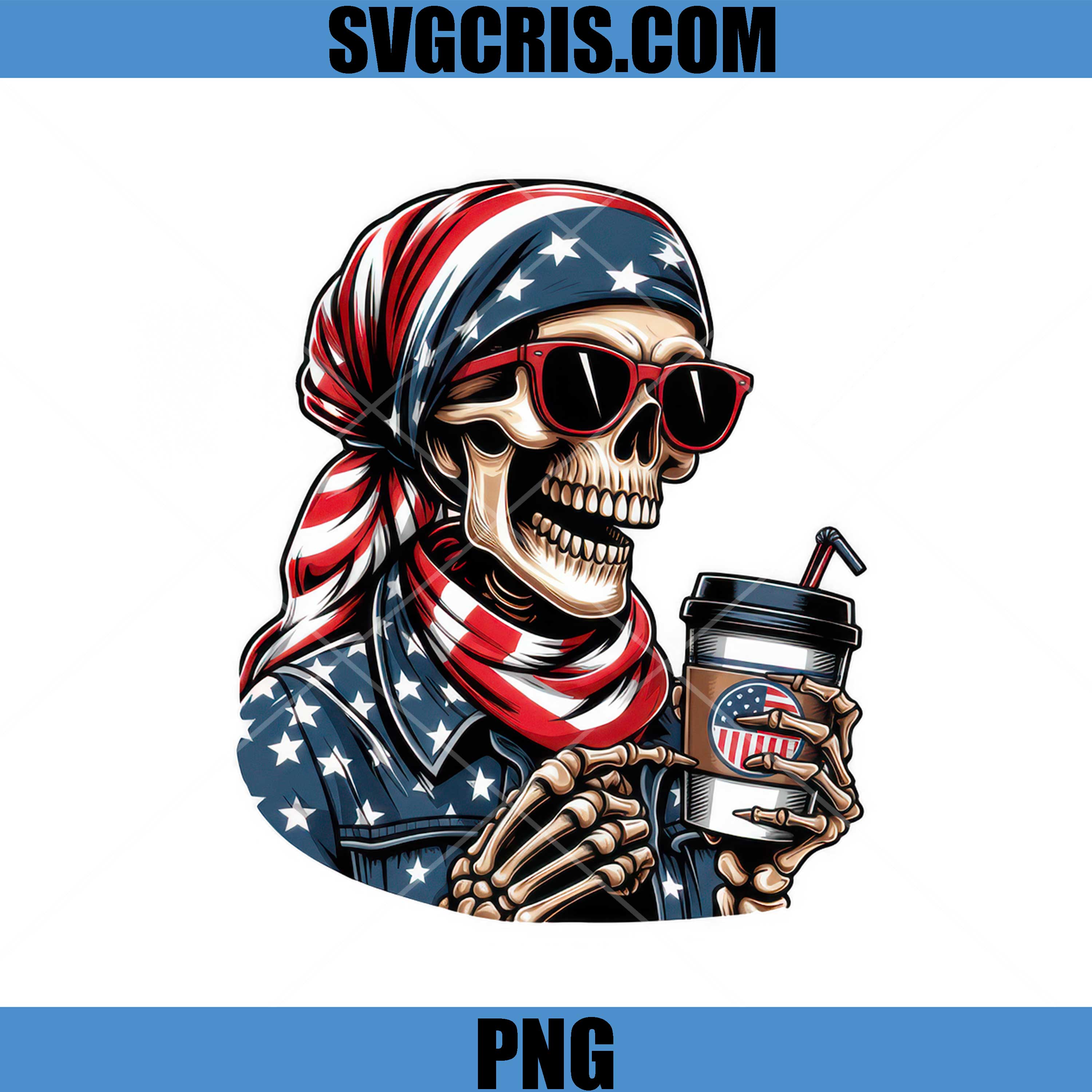 USA Skull With Coffee Cup PNG, Patriotic Skeleton PNG