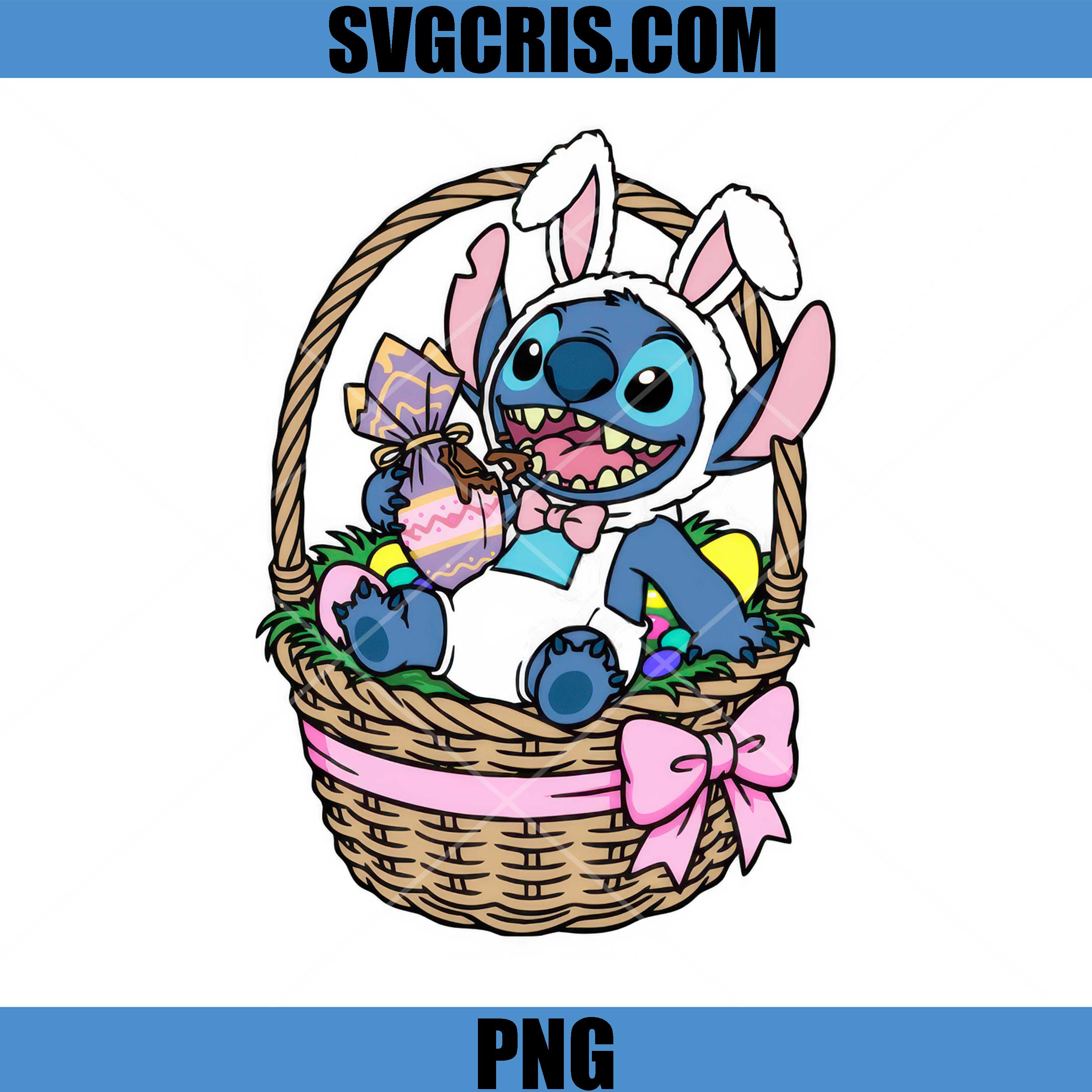Stitch Easter Bunny Basket Eggs PNG, Cartoon Stitch Easter Bunny PNG