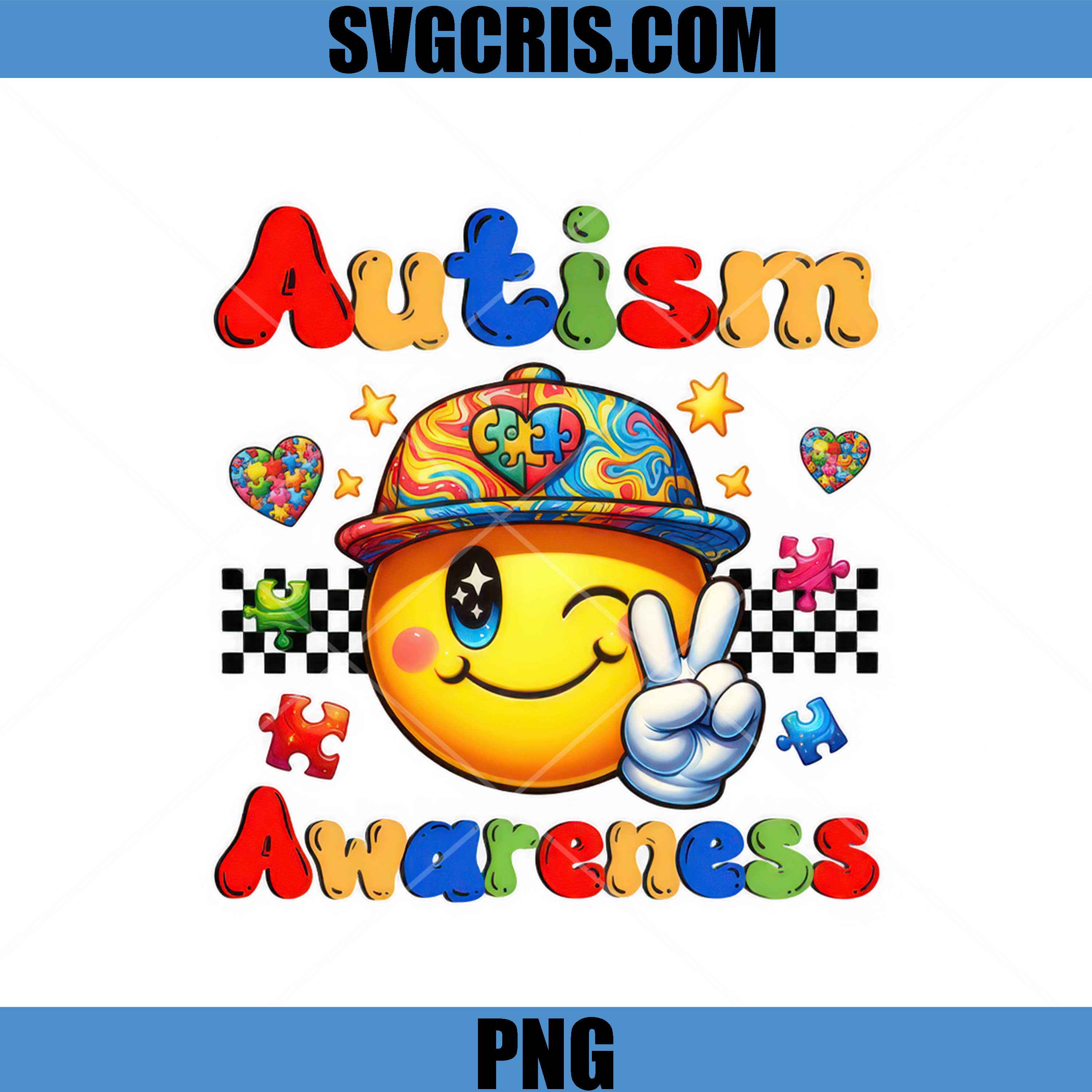 Autism Awareness Smiley Face Puzzle Art PNG, Colorful Peace Sign Cartoon PNG