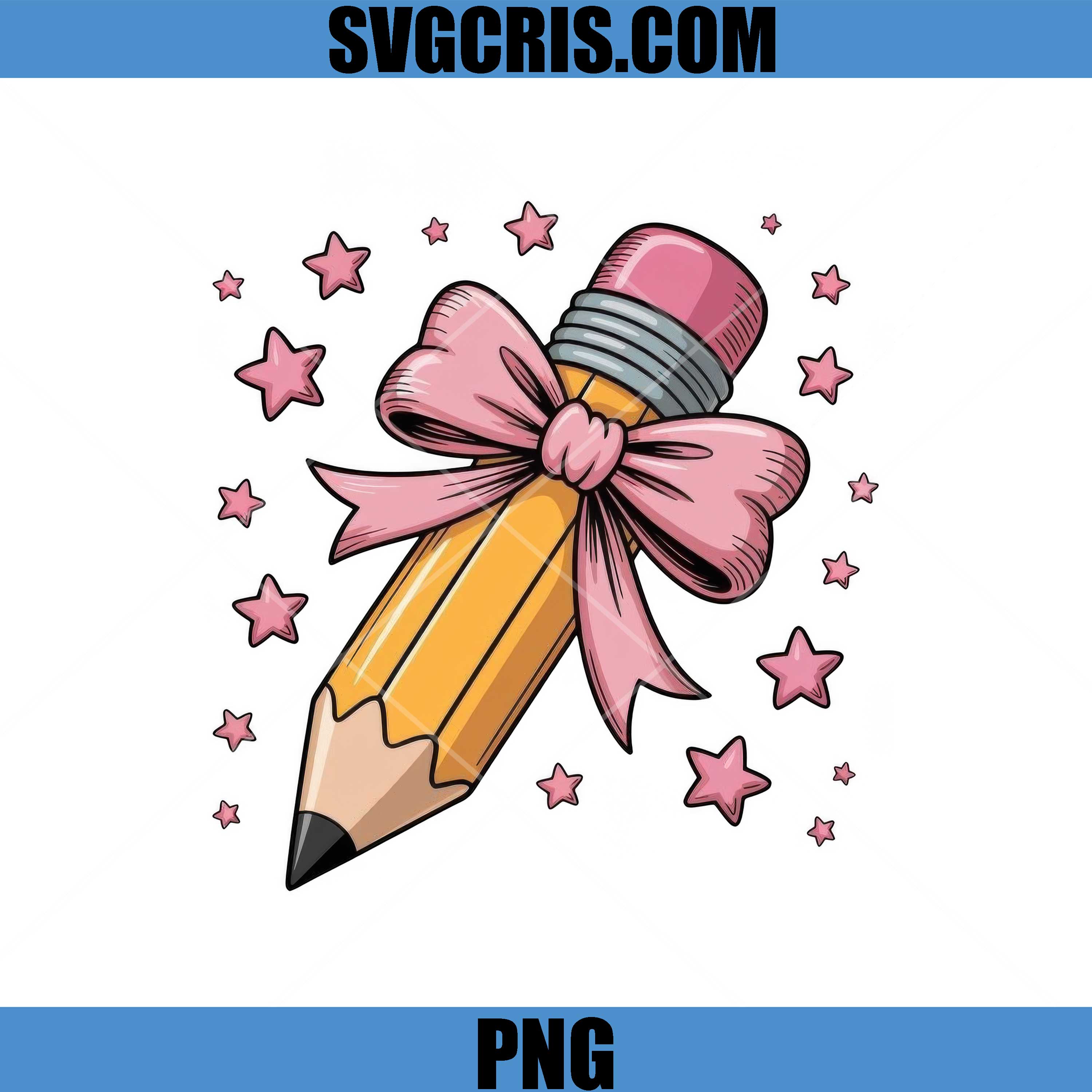 Kawaii Pencil Bow Pink Stars Design PNG, Cute School Clipart PNG