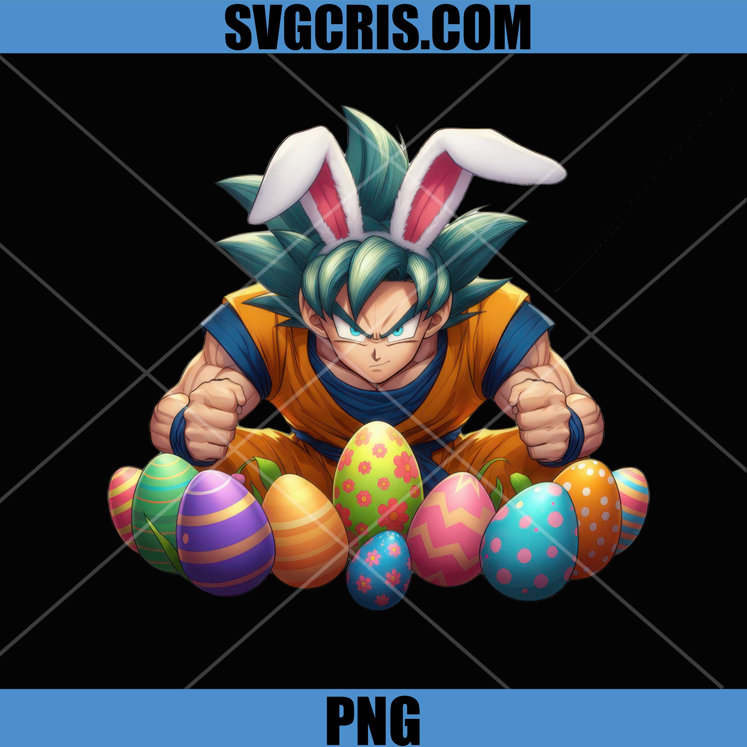 Dragon Ball Goku Bunny Ears With Colorful Eggs PNG, Easter Anime PNG
