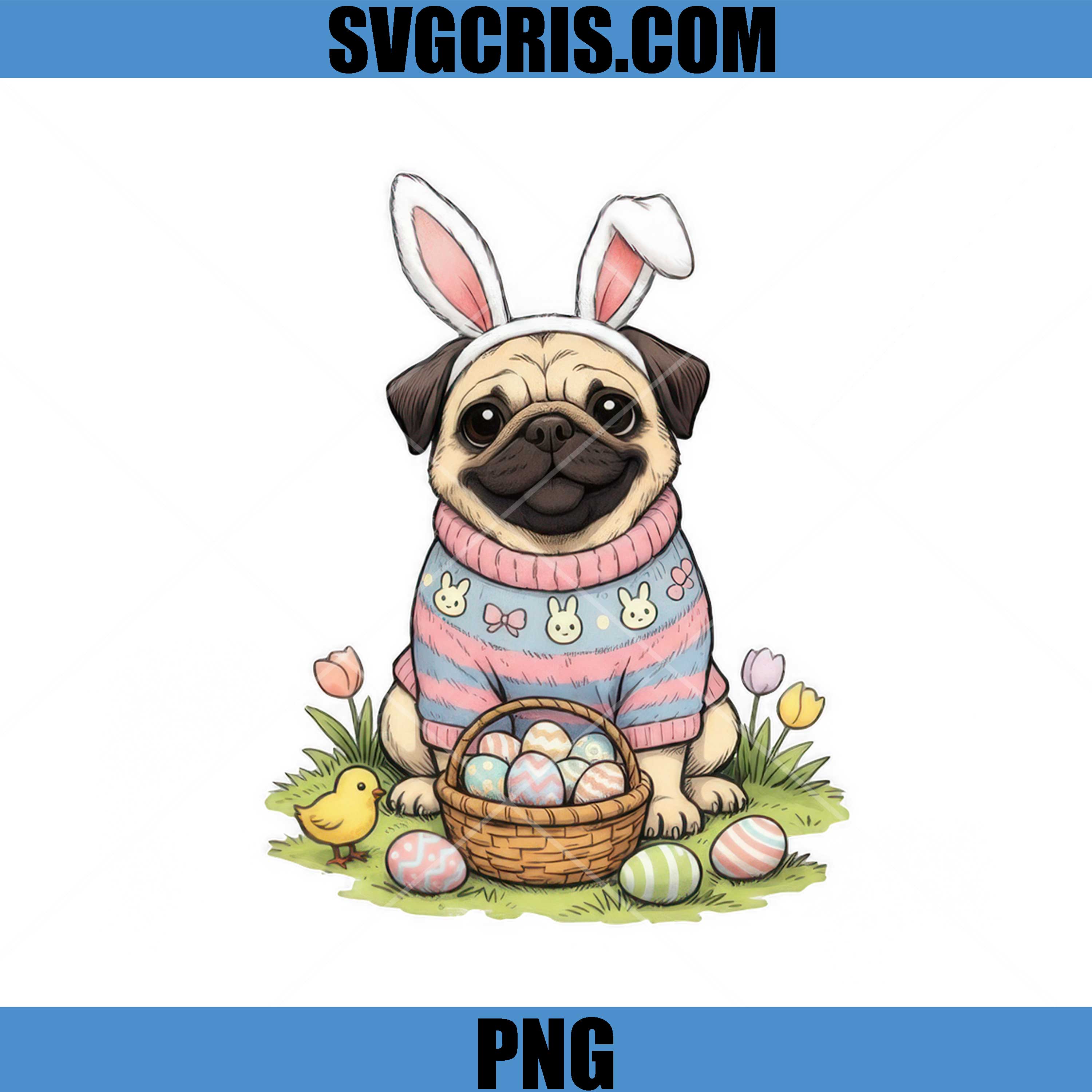 Kawaii Pug Bunny Ears Easter Eggs PNG, Cute Dog Spring PNG
