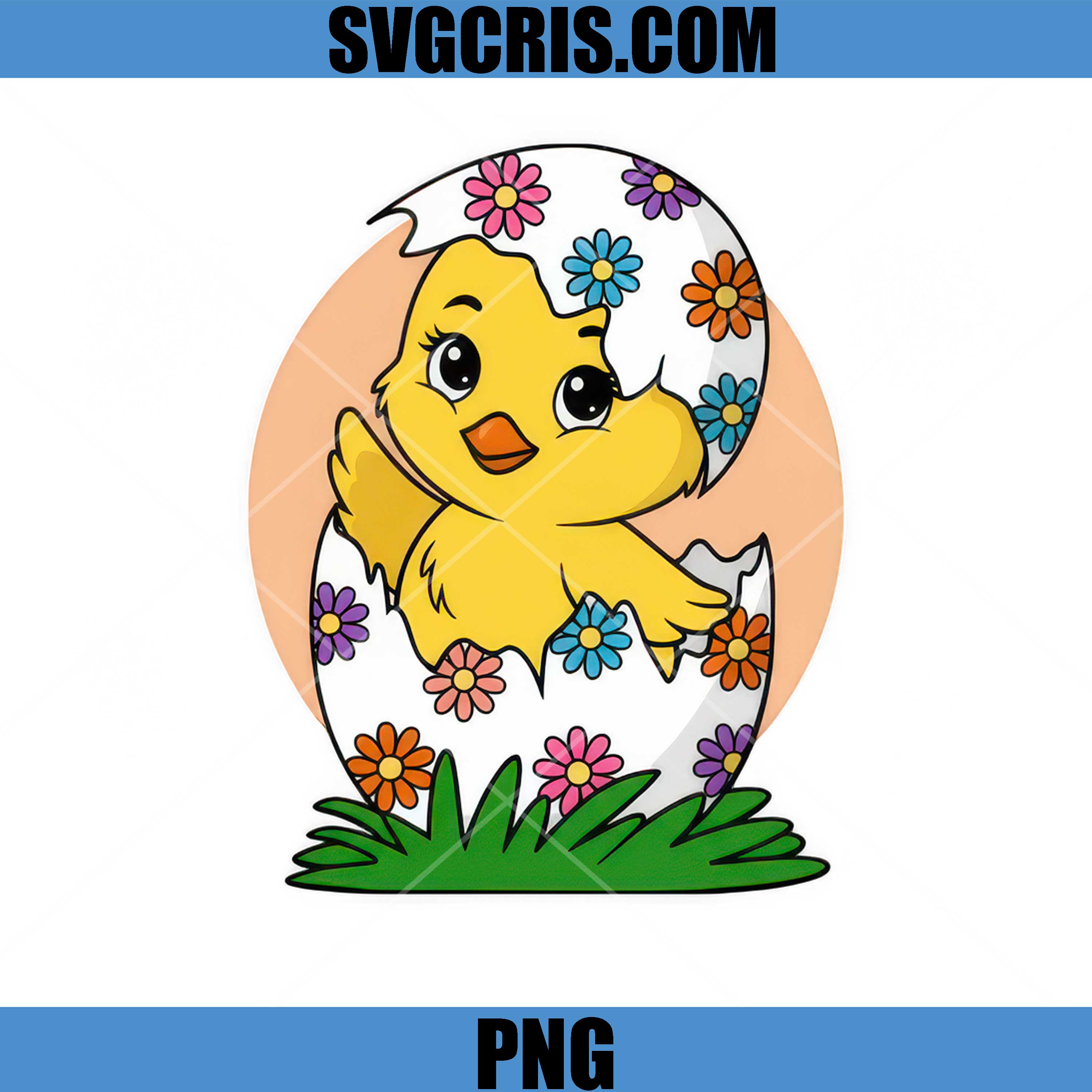 Cute Easter Chick Hatching Egg PNG, Spring Flowers Baby Chick PNG