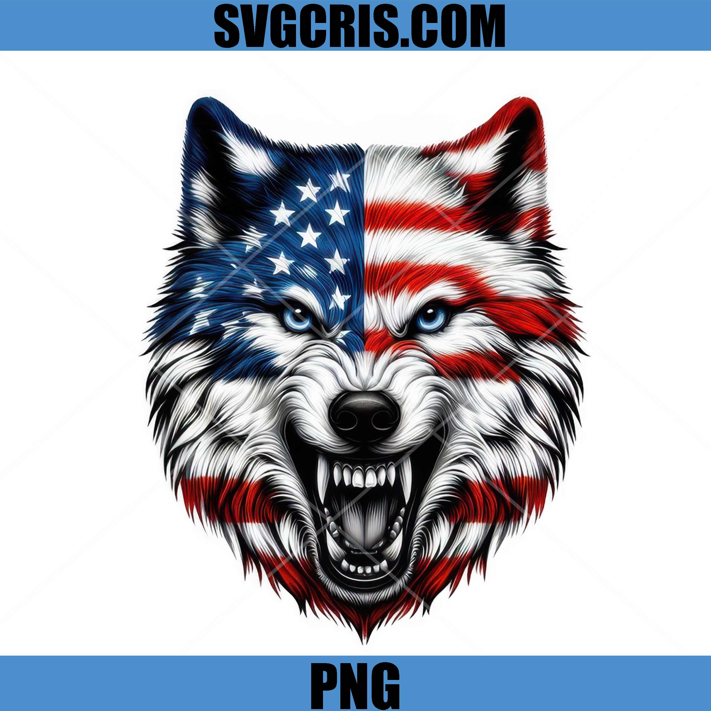 American Flag Wolf Face Aggressive Art PNG, Patriotic Animal Head Design PNG