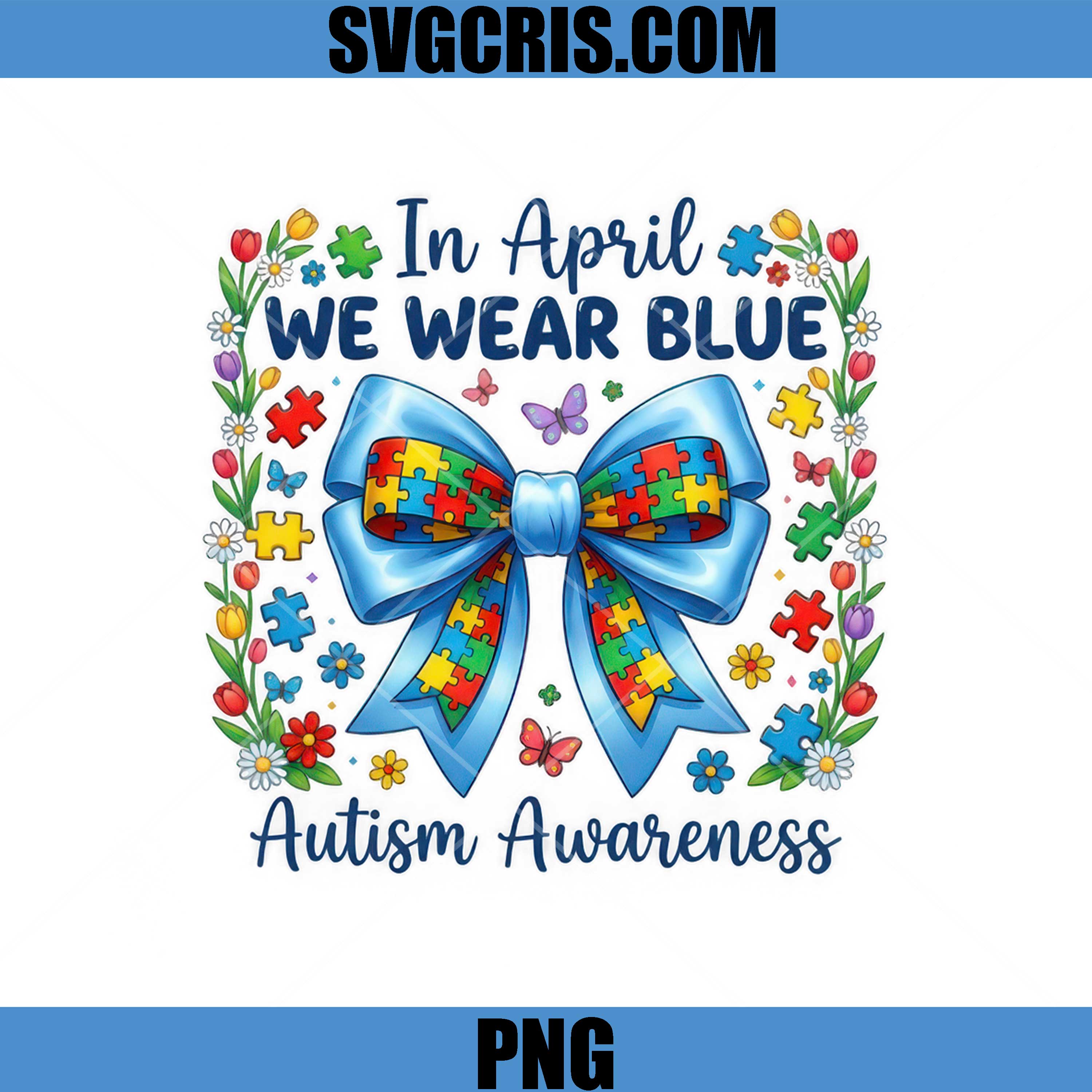 Autism Awareness Blue Bow Puzzle Art PNG, April Wear Blue PNG
