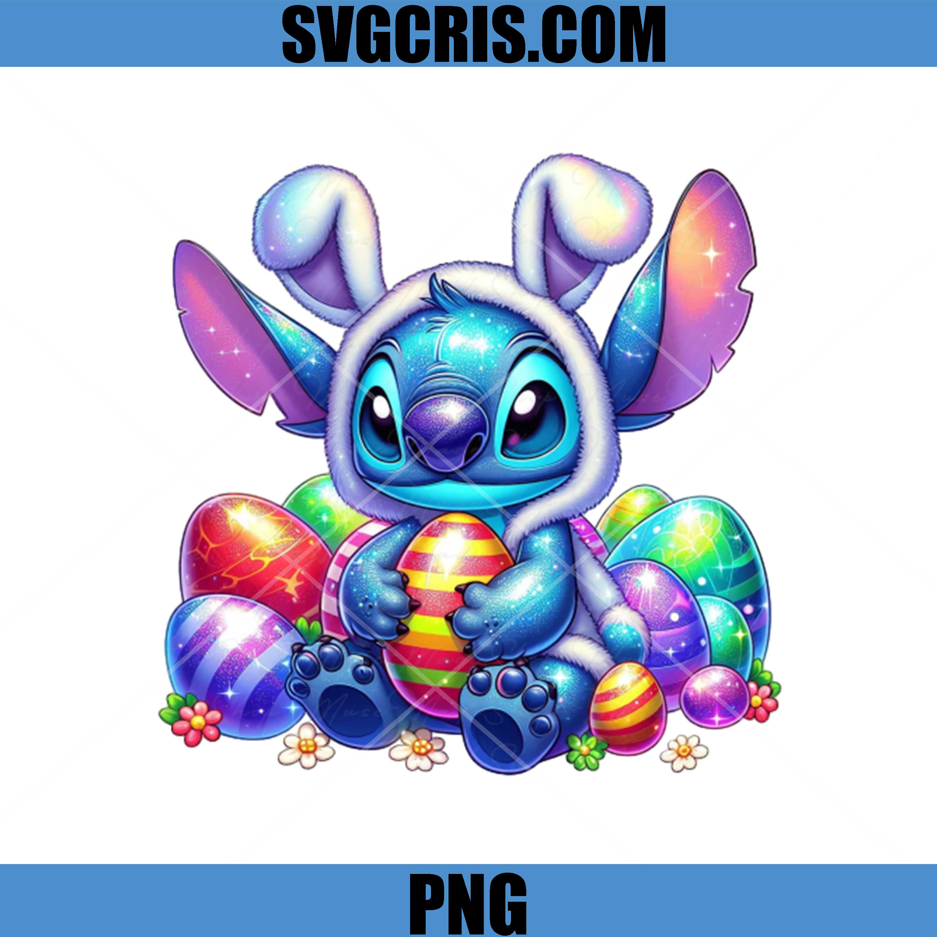 Cute Stitch Bunny Easter Eggs PNG, Blue Stitch Space Bunny Easter PNG