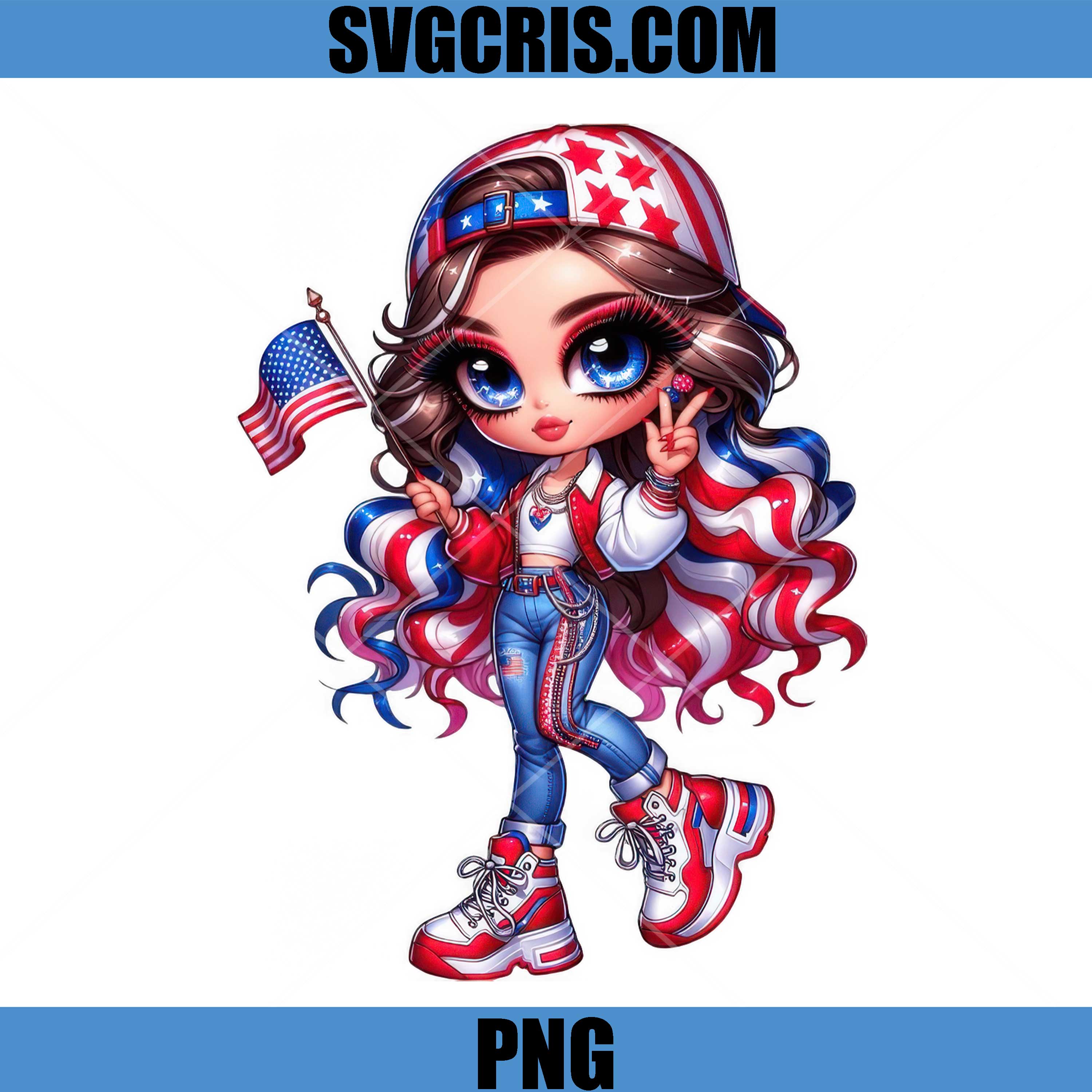Cute USA Flag Girl With Cap PNG, Patriotic Chibi Girl PNG, Girl 4th July PNG