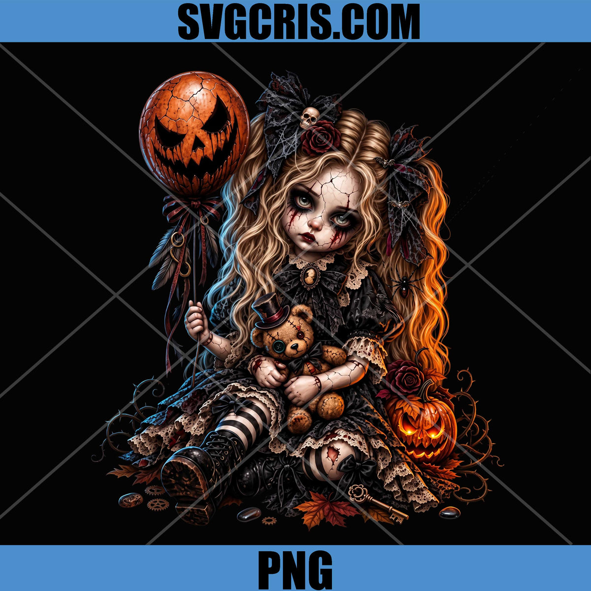 Haunted Doll Halloween PNG, Gothic Pumpkin Girl Design PNG