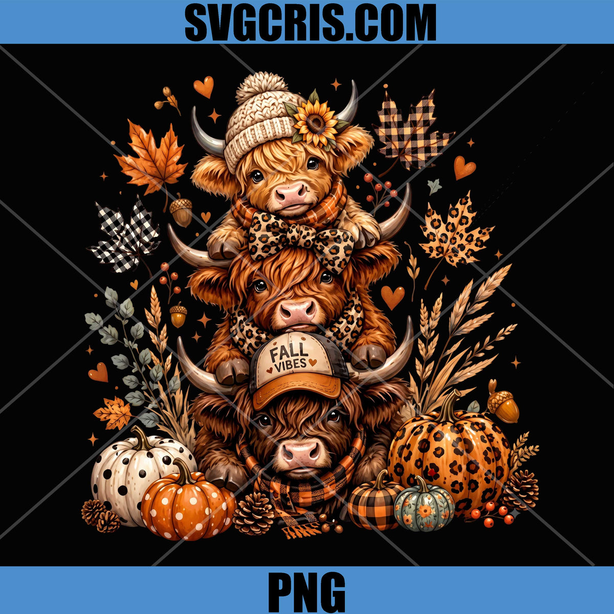 Highland Cow Fall Vibes PNG, Cute Autumn Cow Trio PNG