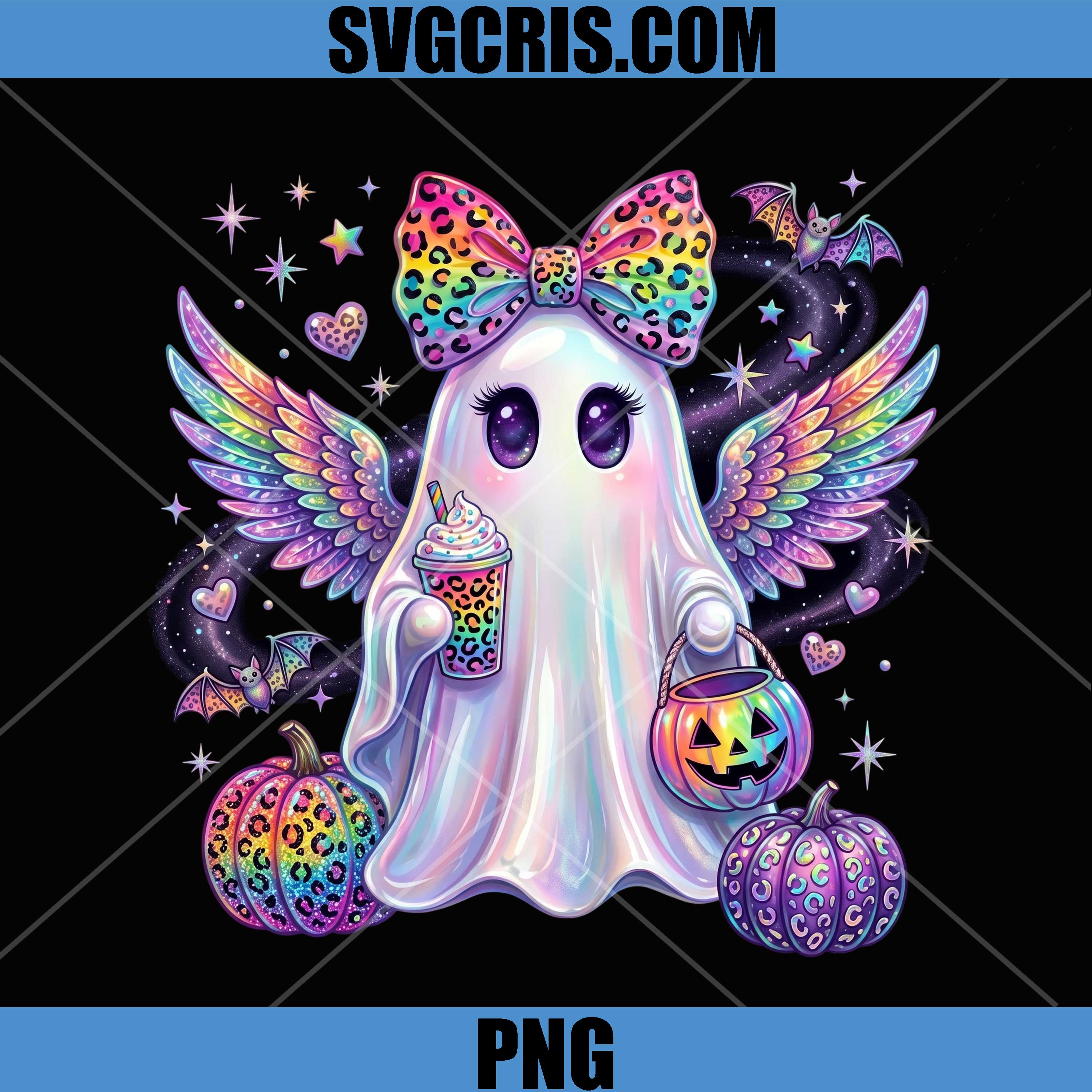 Cute Rainbow Ghost Girl PNG, Halloween Winged Pumpkin PNG